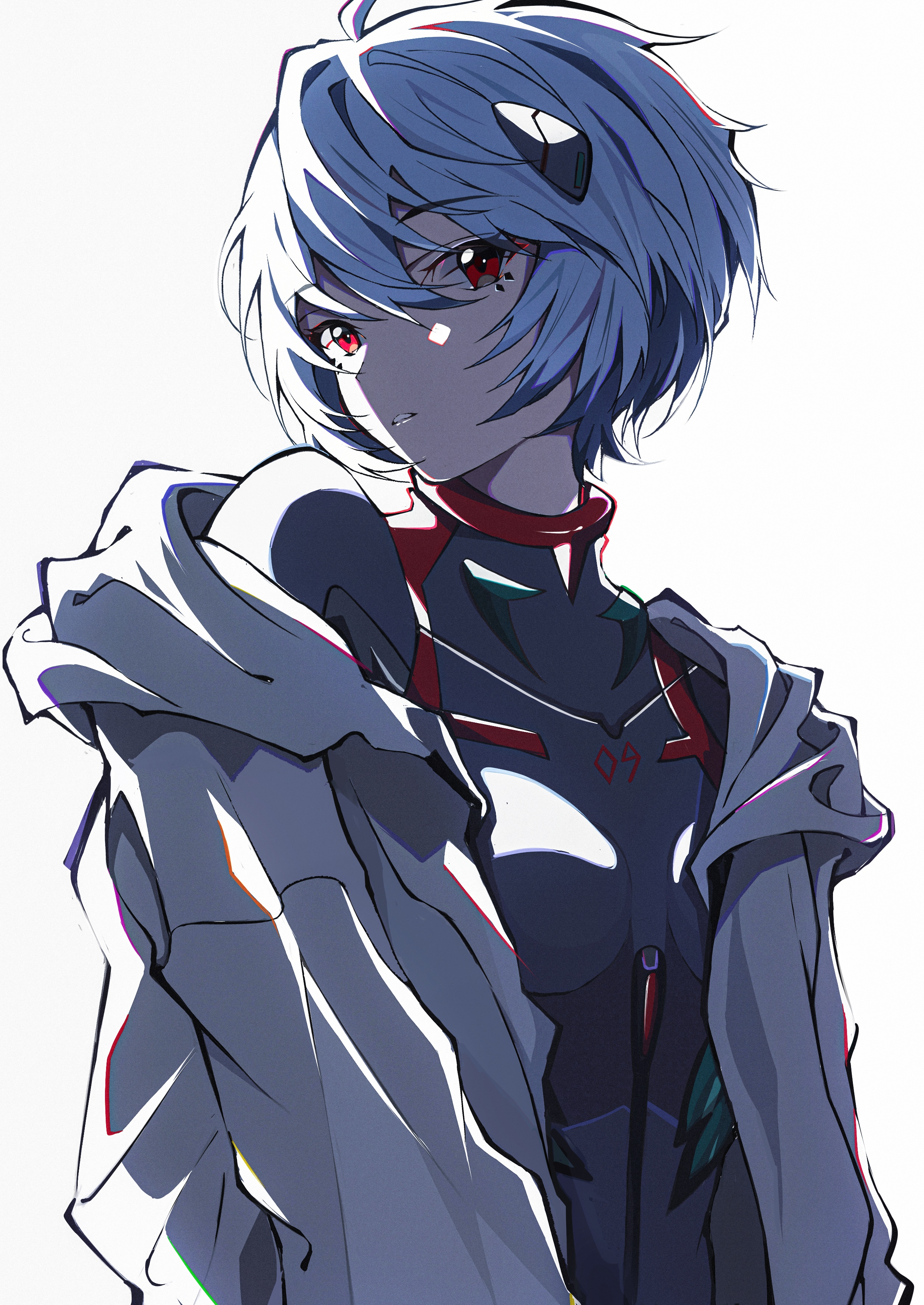 Rei Ayanami in a white hoodie and plugsuit HD Phone Wallpaper