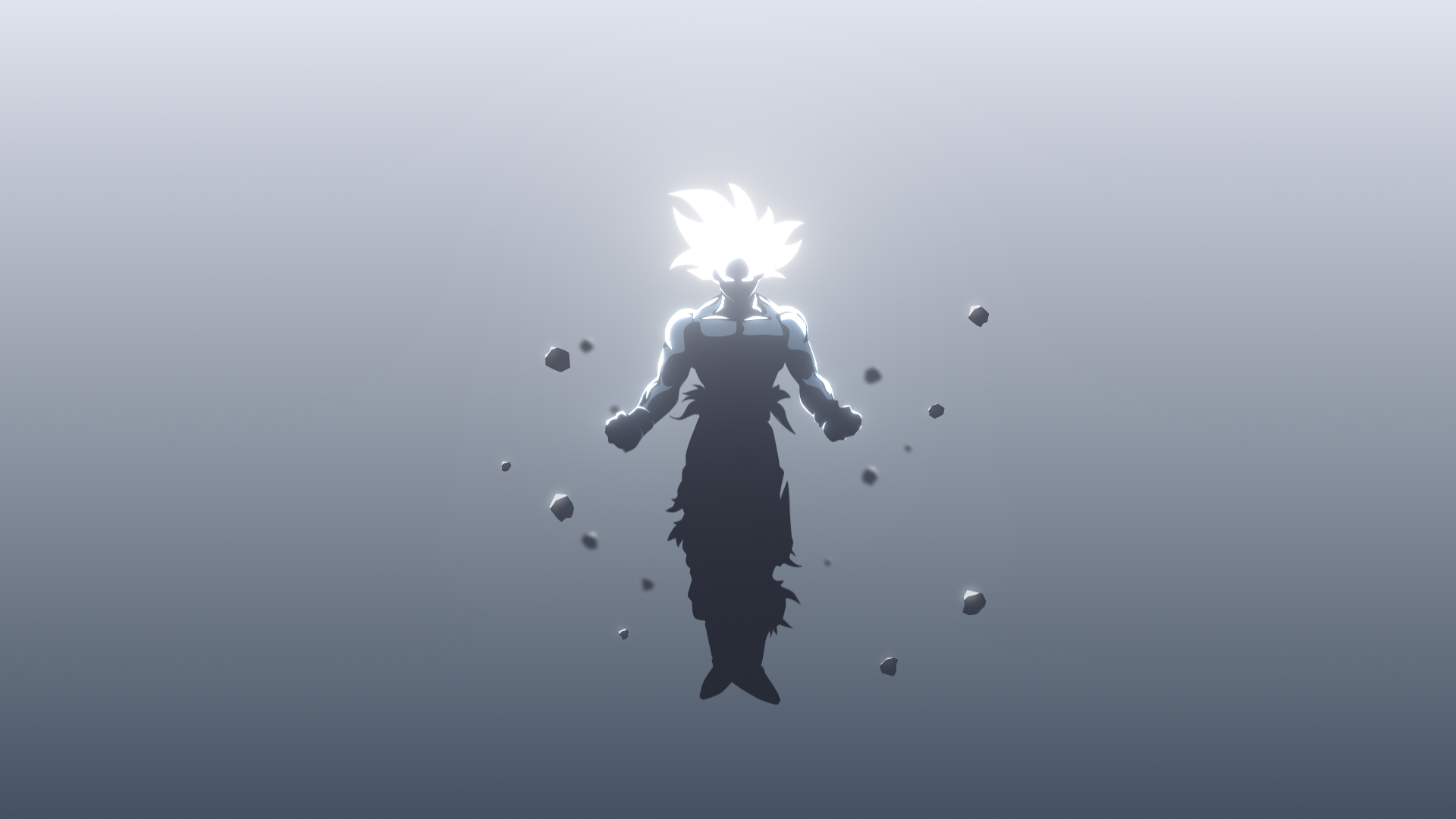 Goku in Ultra Instinct form surrounded by rocks HD Wallpaper