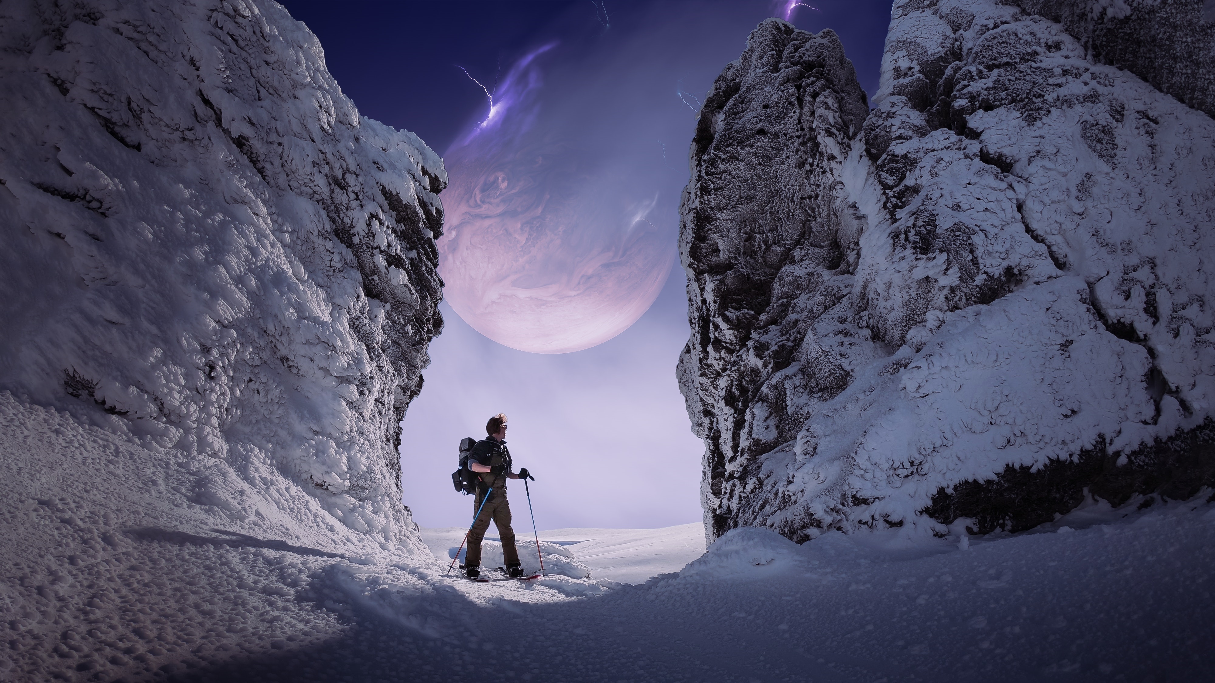 4K illustration of a person in a snowy landscape with a planet HD Wallpaper