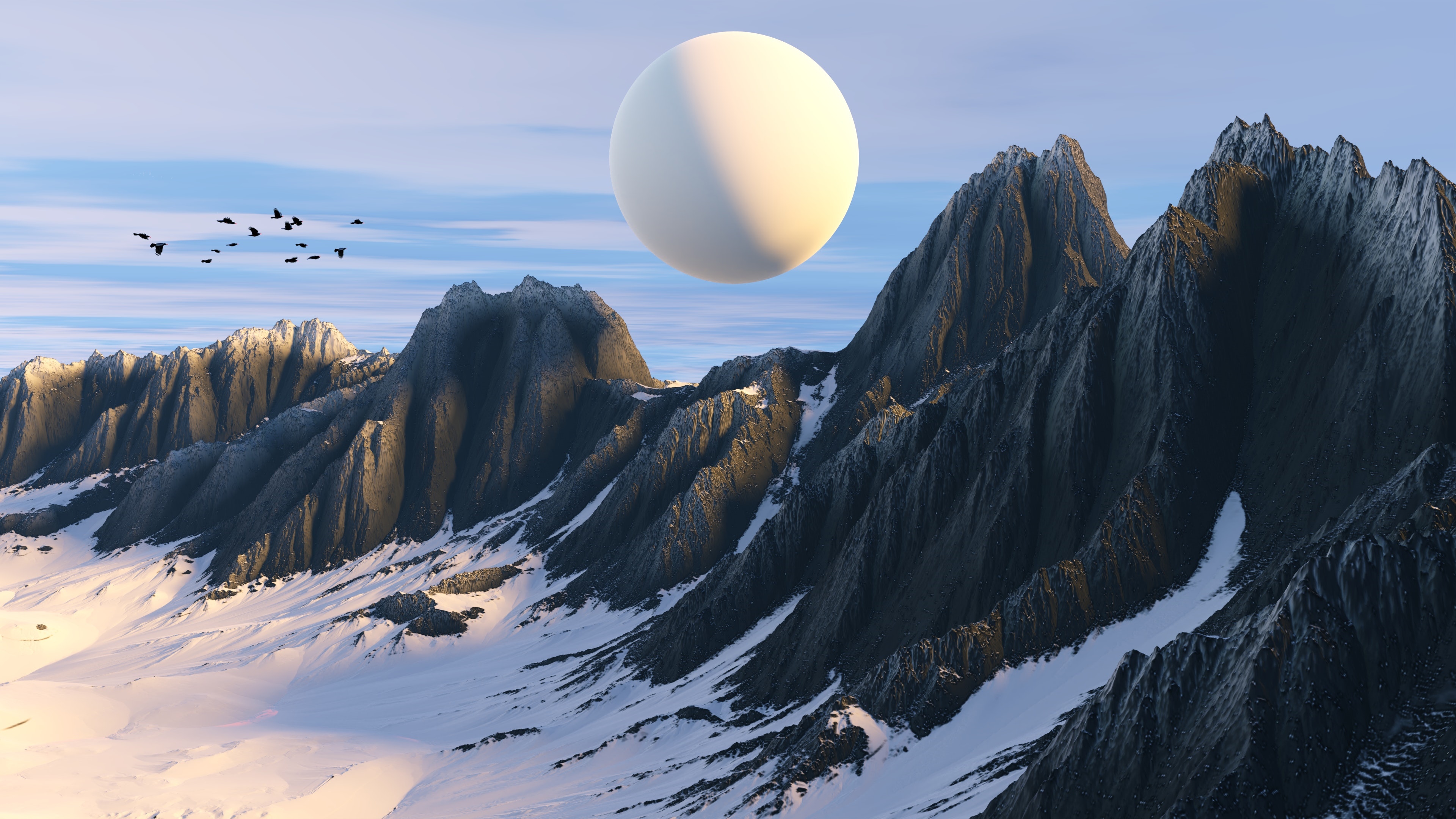 4K CGI abstract landscape with snow-capped mountains and birds HD Wallpaper