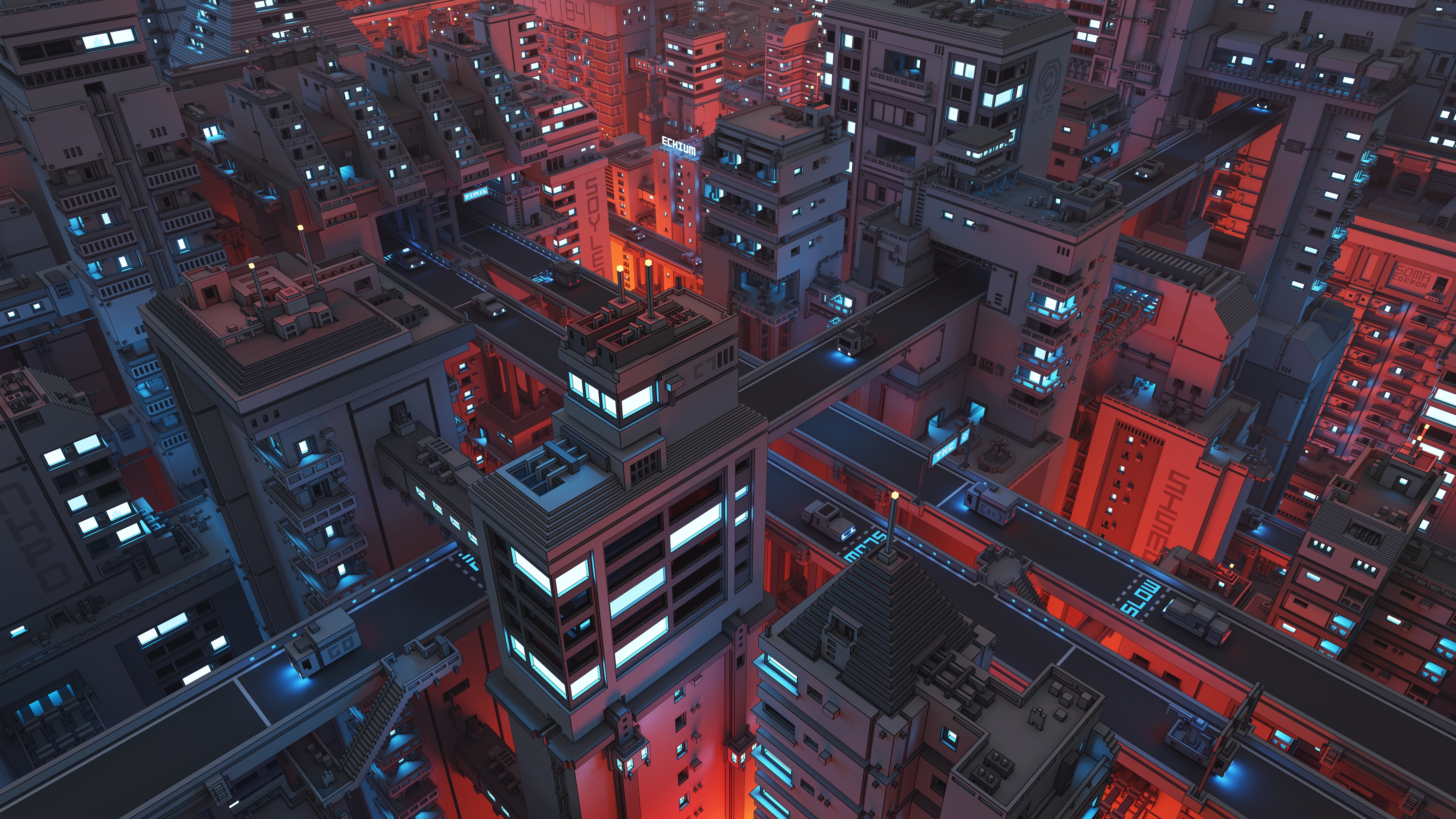 4K futuristic cityscape with roads and traffic at night HD Wallpaper