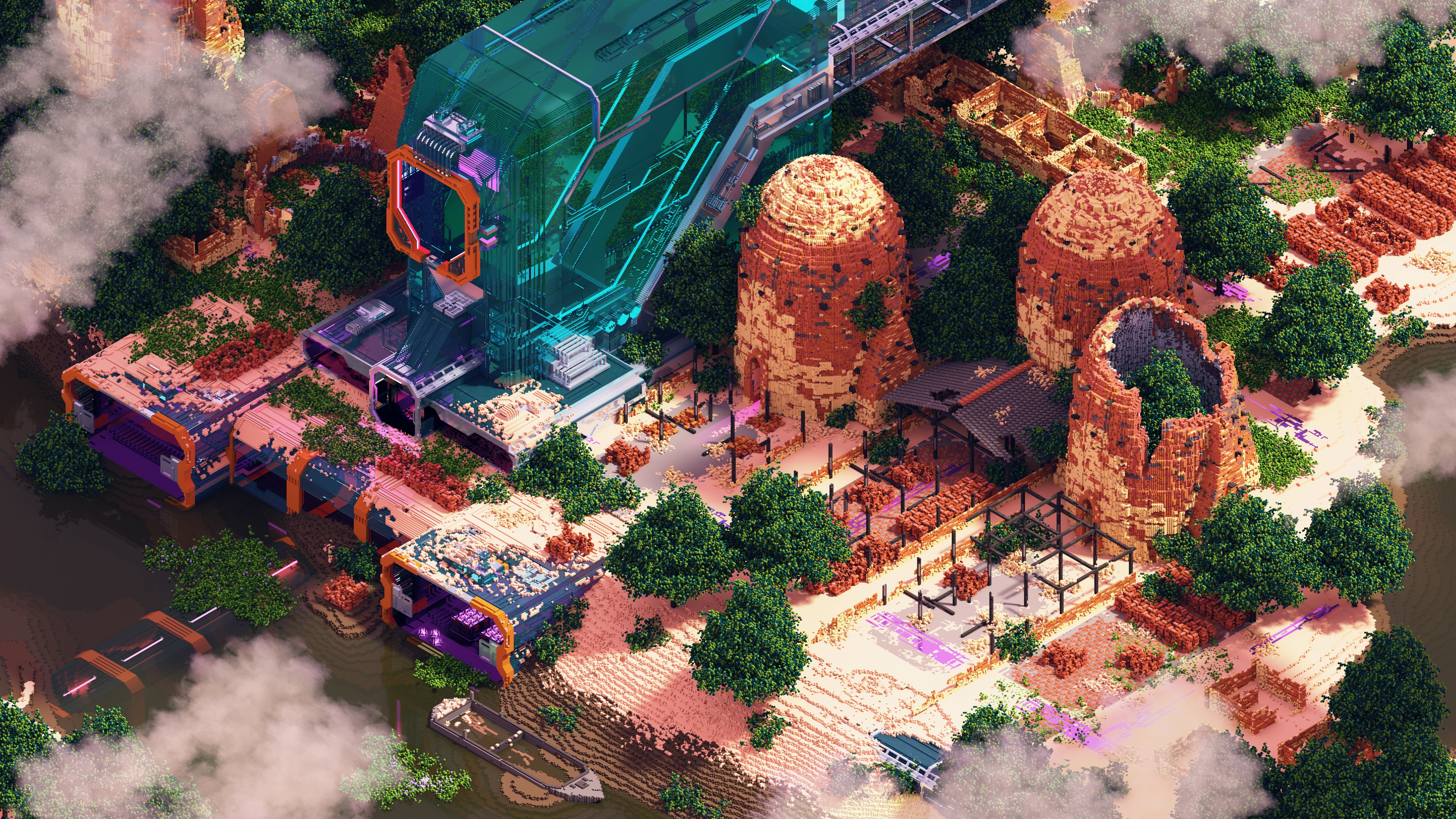 4K Voxel Architecture with Trees and River HD Wallpaper