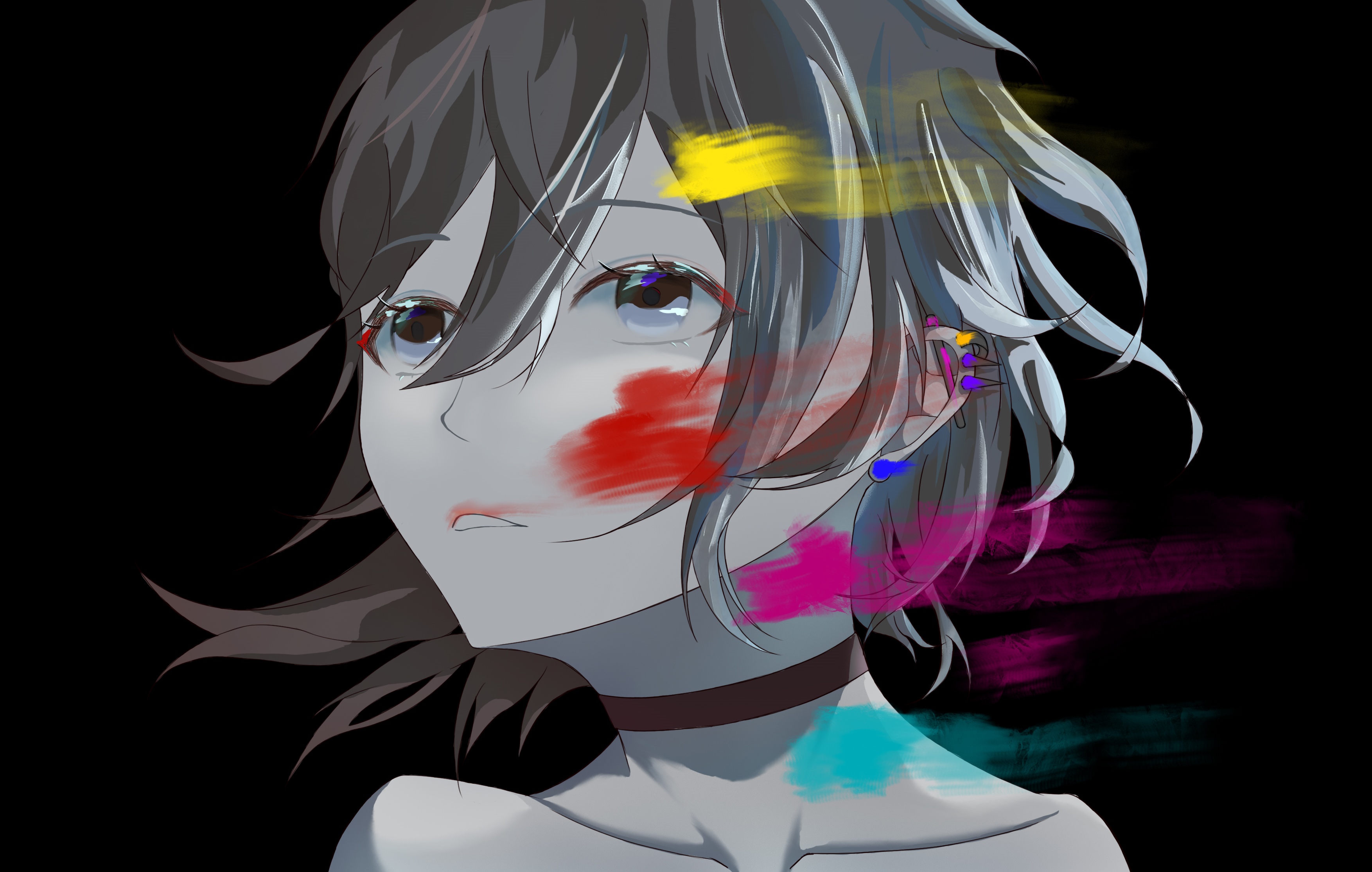 Anime character with paint splatters on face HD Wallpaper