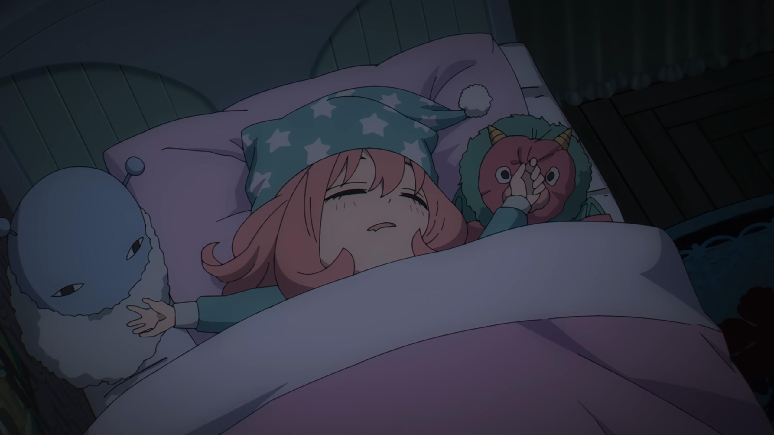Anya Forger sleeping with plush toys HD Wallpaper