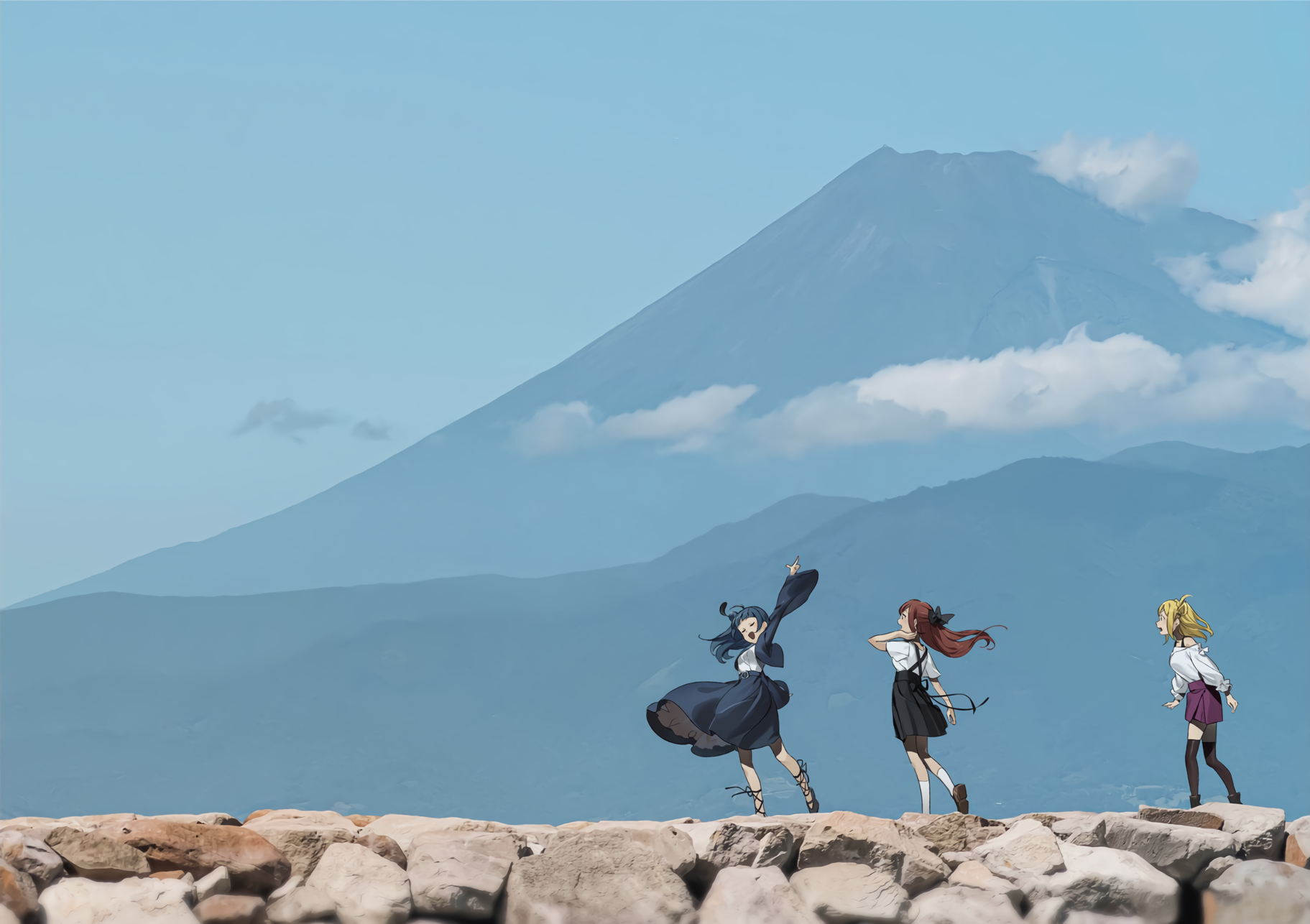 Love Live! Sunshine!!: Mount Fuji with Mari, Riko, and Yoshiko HD Wallpaper