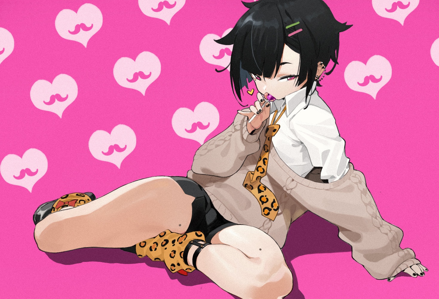 Anime girl with red eyes and leopard print socks HD Wallpaper