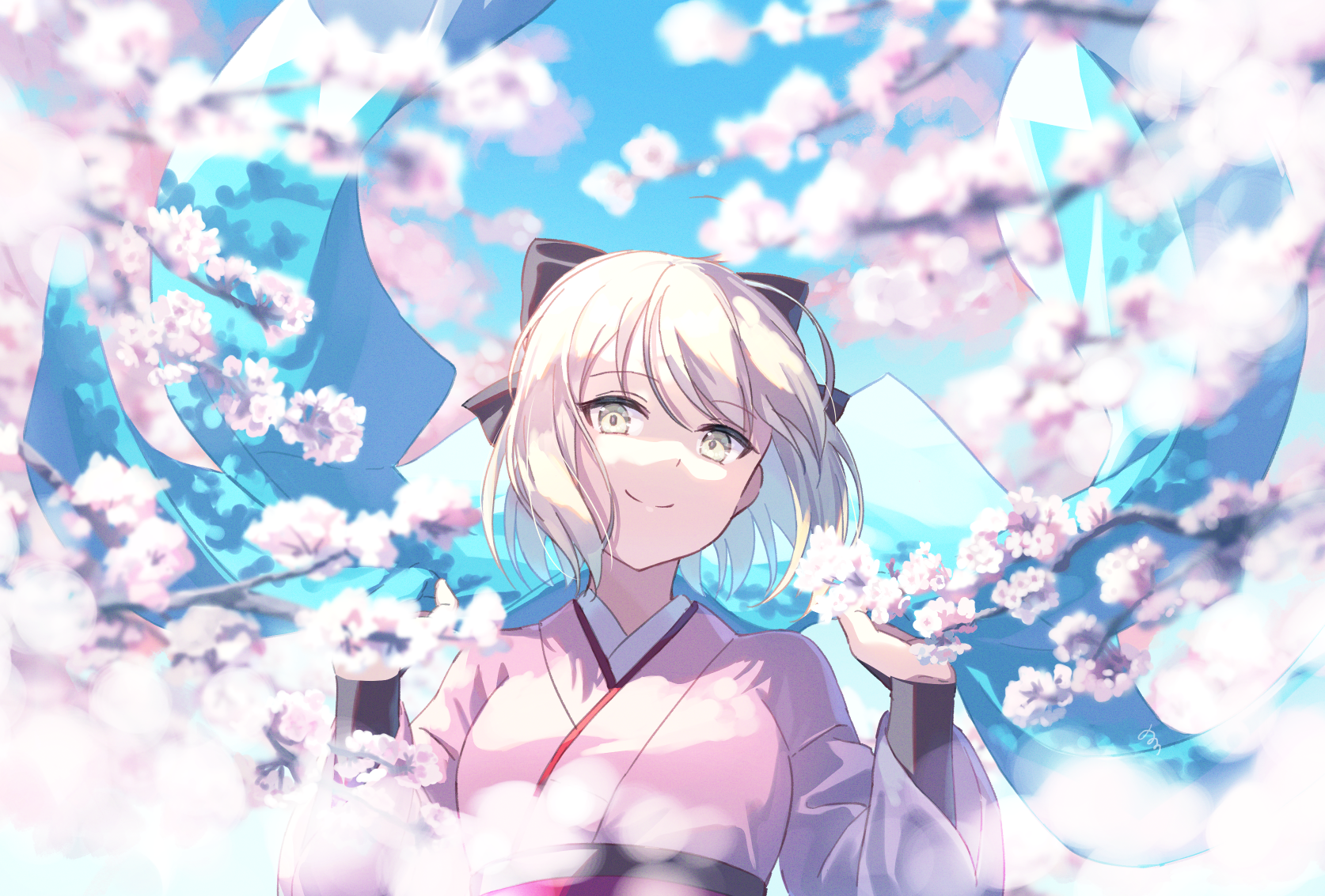 Okita Souji in Kimono with Cherry Blossoms HD Wallpaper