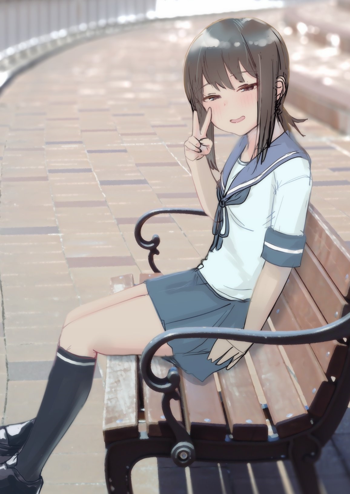 Anime girl Fubuki from Kantai Collection sitting on a bench HD Phone Wallpaper