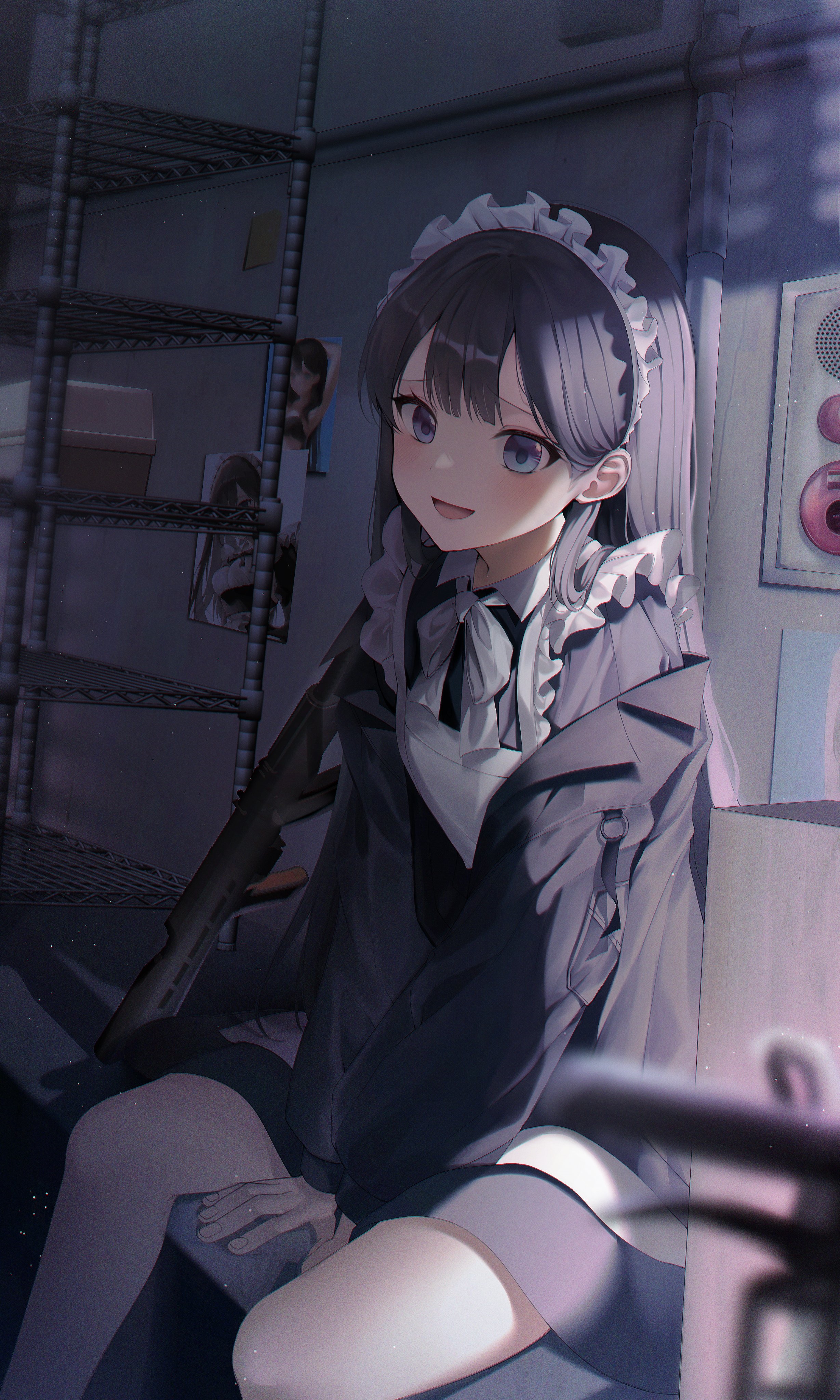 Anime girl in maid outfit with a rifle HD Phone Wallpaper