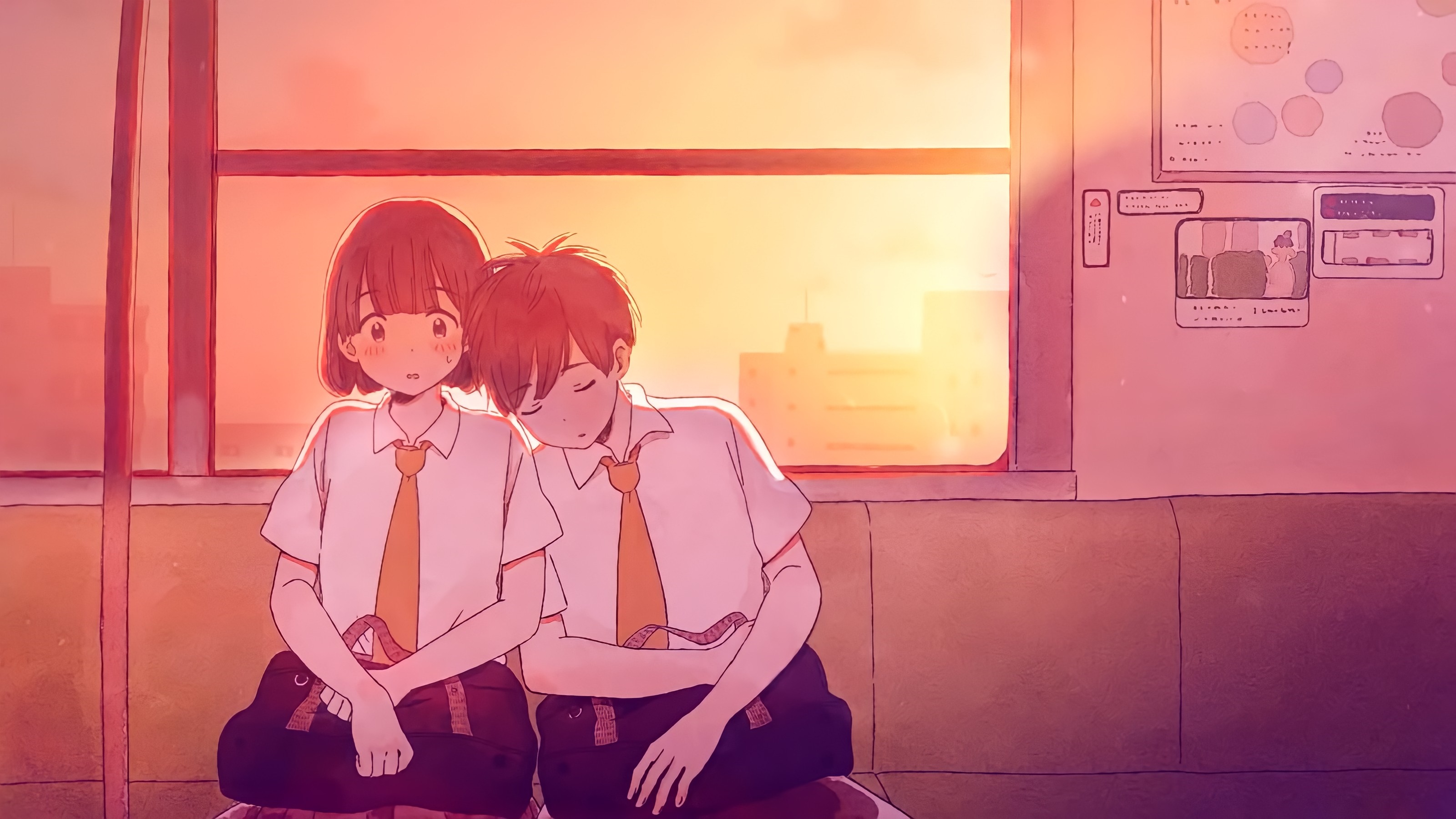 Anime couple in school uniforms on a train at sunset HD Wallpaper