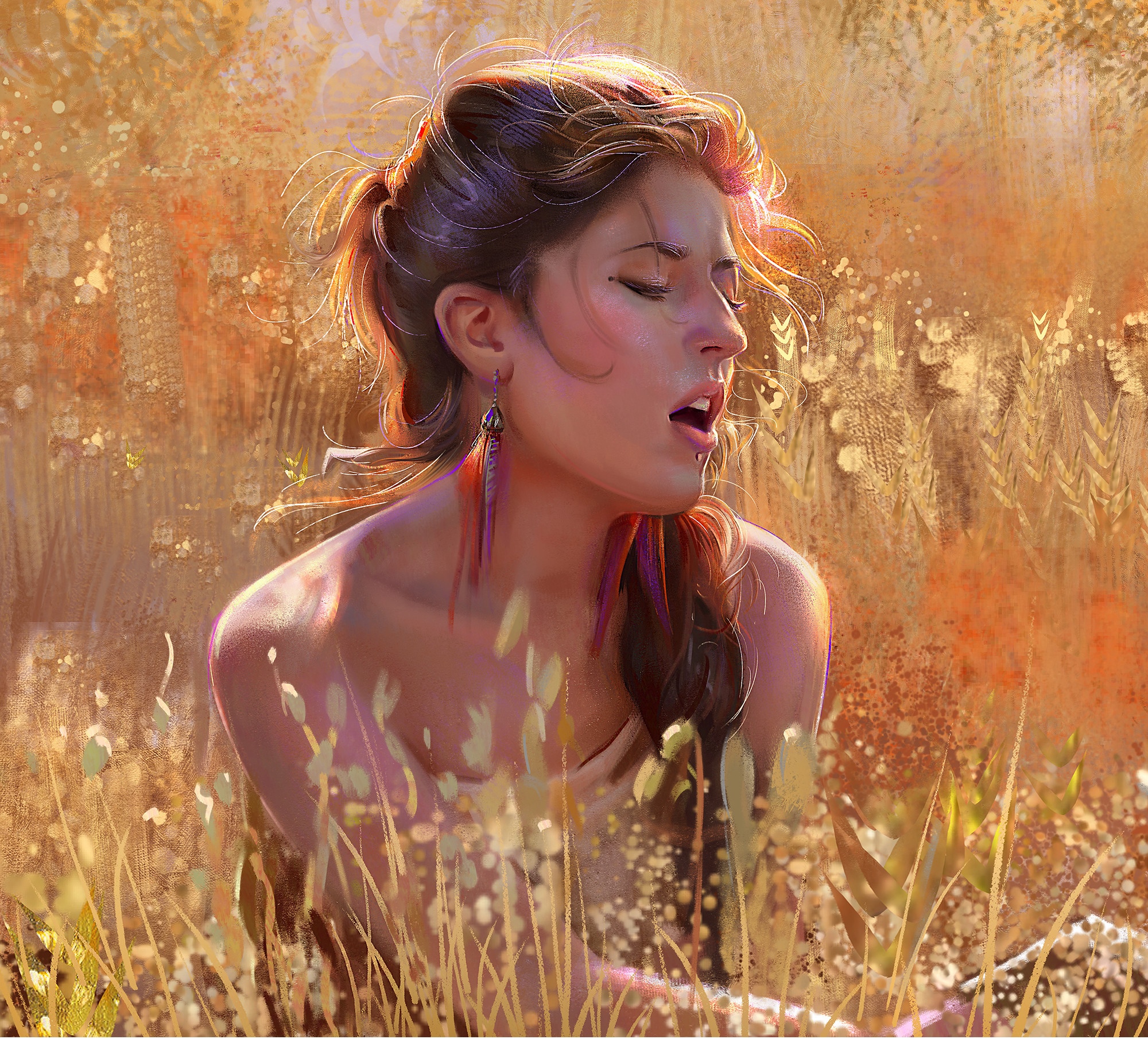 Mandy Jurgens in a sunlit field of wheat HD Wallpaper