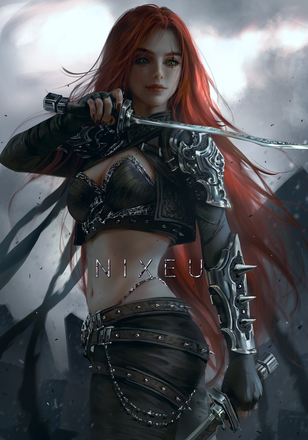 Katarina from League of Legends with red hair and swords HD Phone Wallpaper