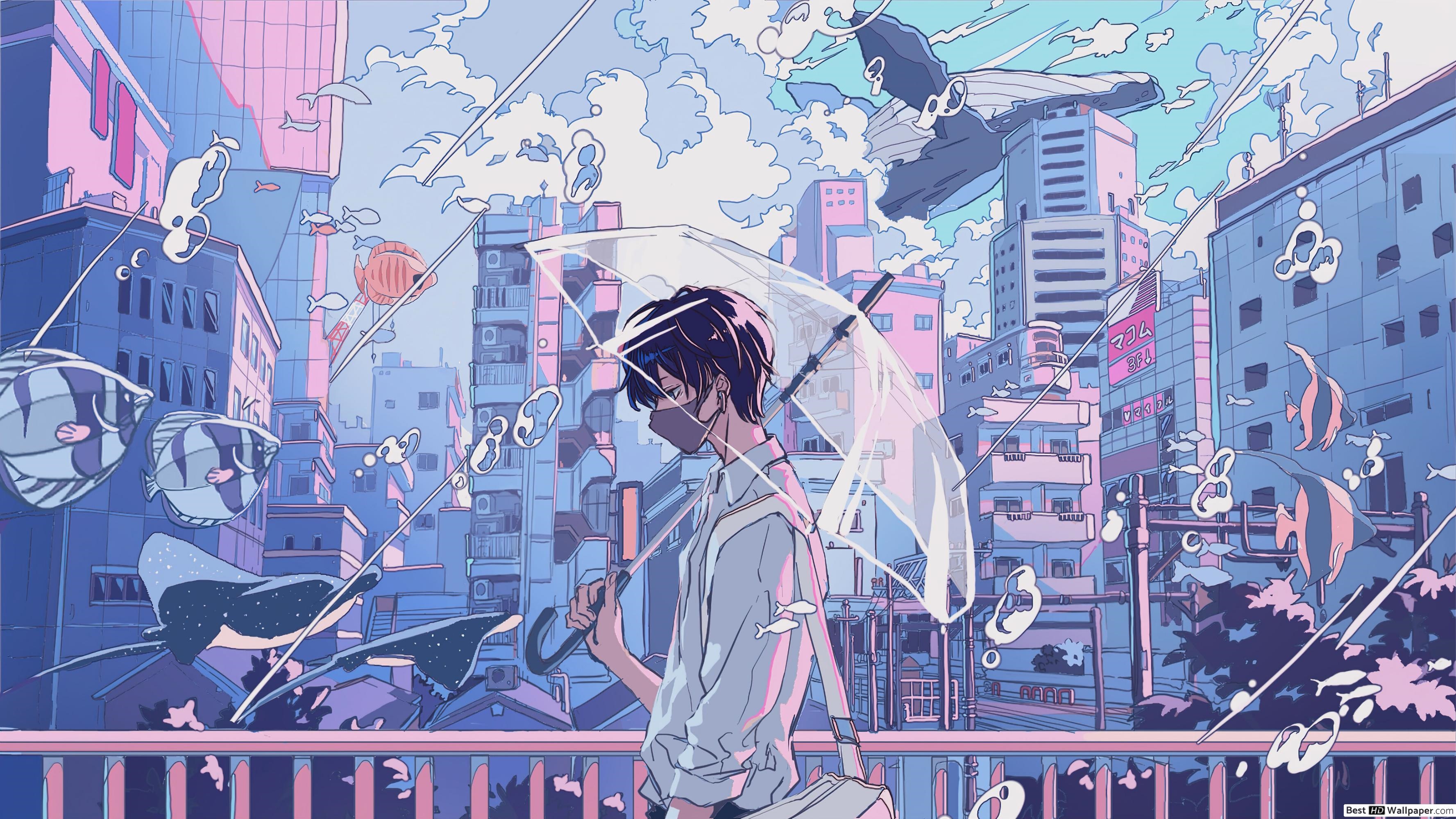 Anime boy with umbrella in a surreal city with fish HD Wallpaper