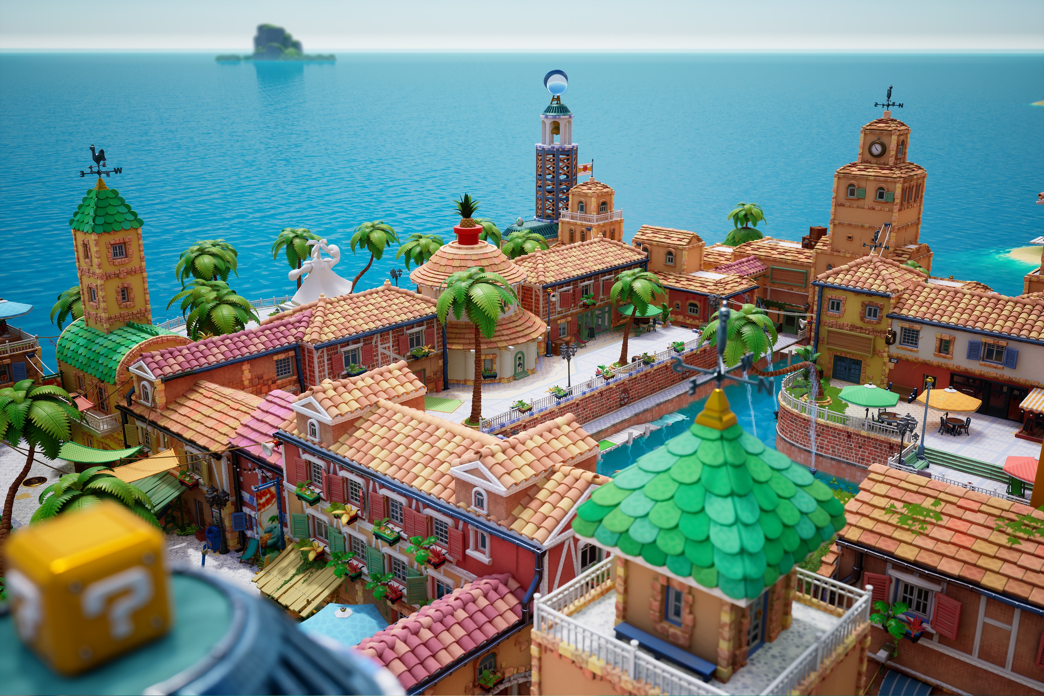 Super Mario Sunshine Island Town with Question Block HD Wallpaper
