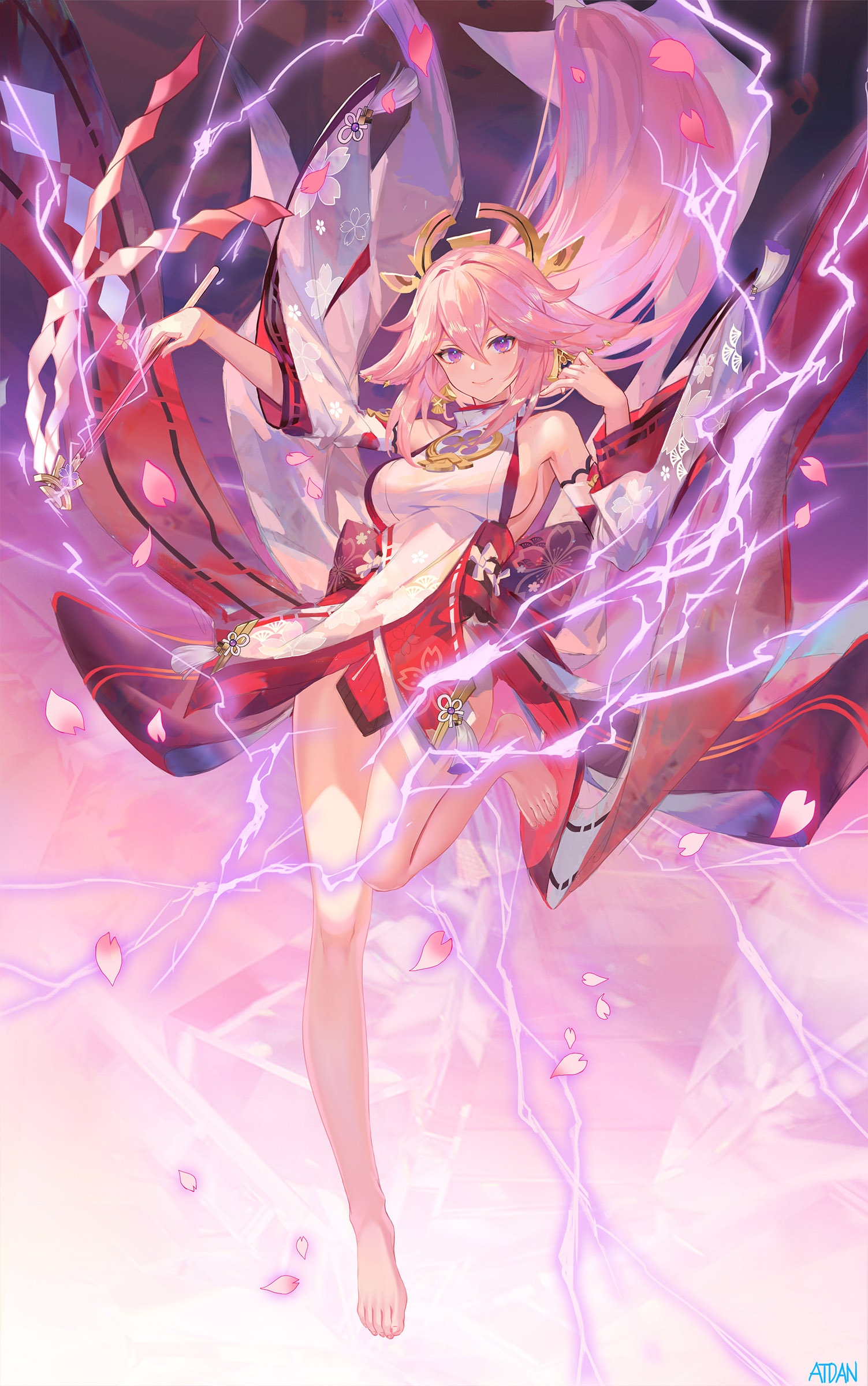 Yae Miko from Genshin Impact with lightning HD Phone Wallpaper