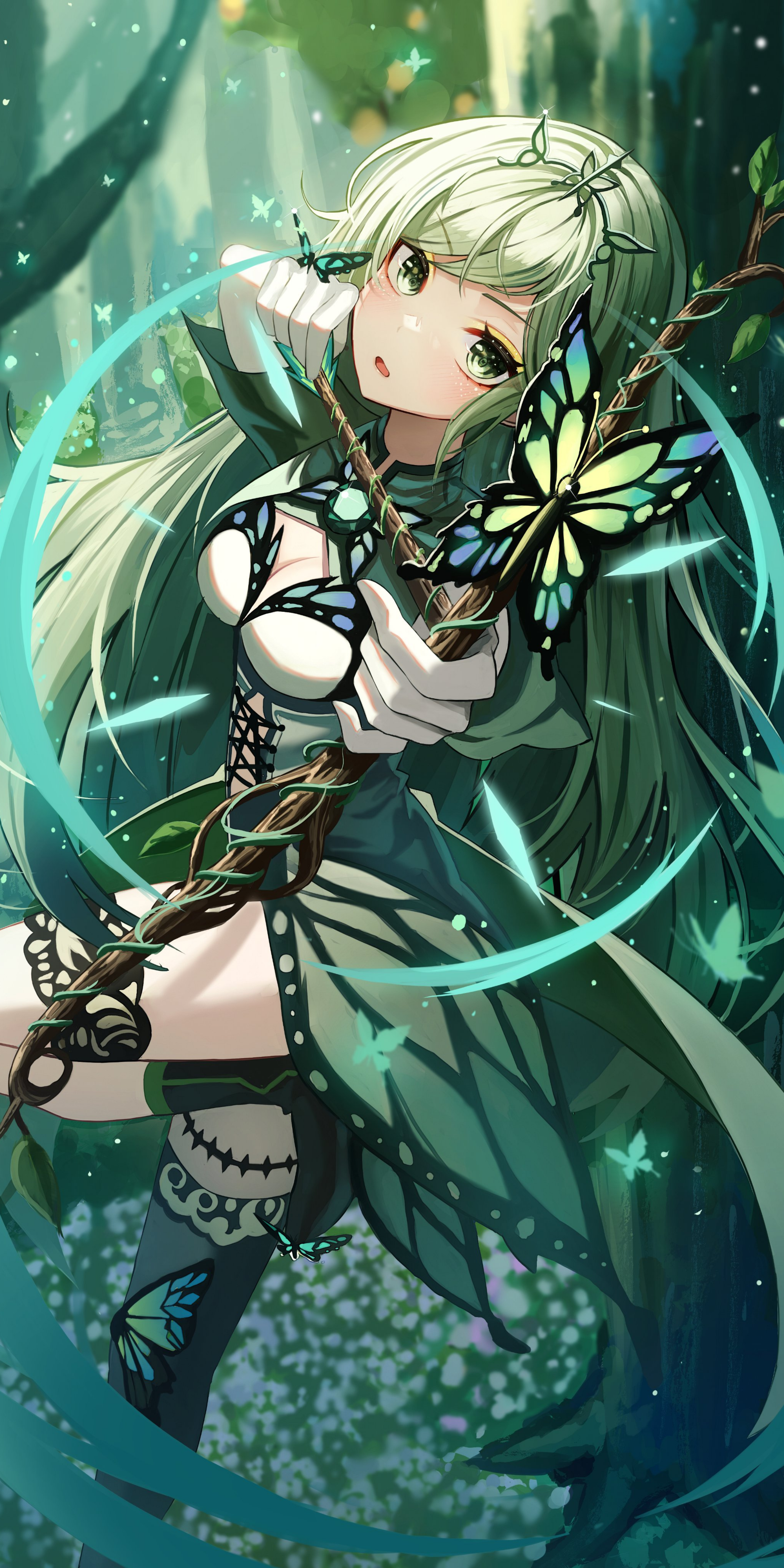 Anime girl with green hair and butterflies HD Phone Wallpaper