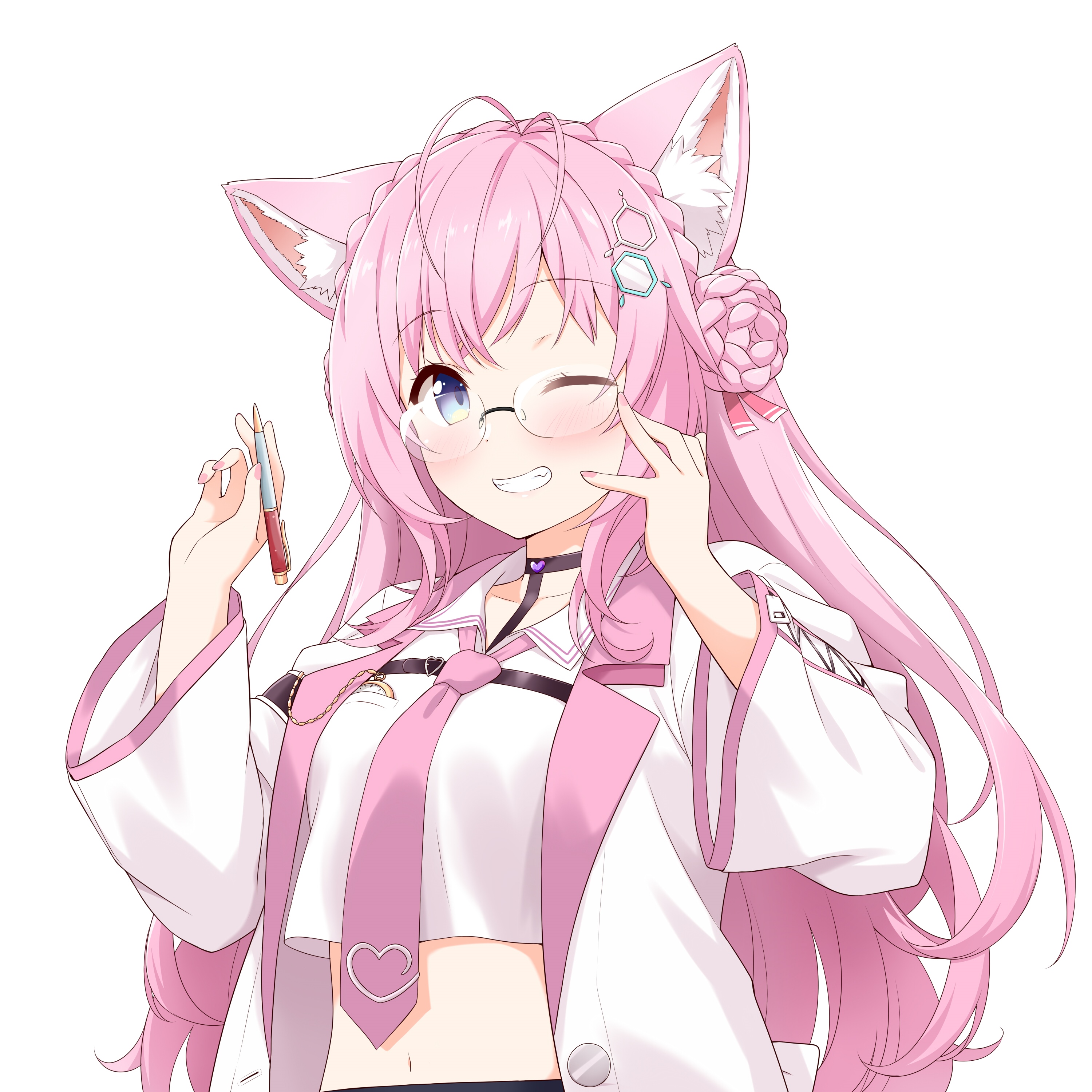 Anime girl with pink hair and cat ears holding a pen HD Wallpaper