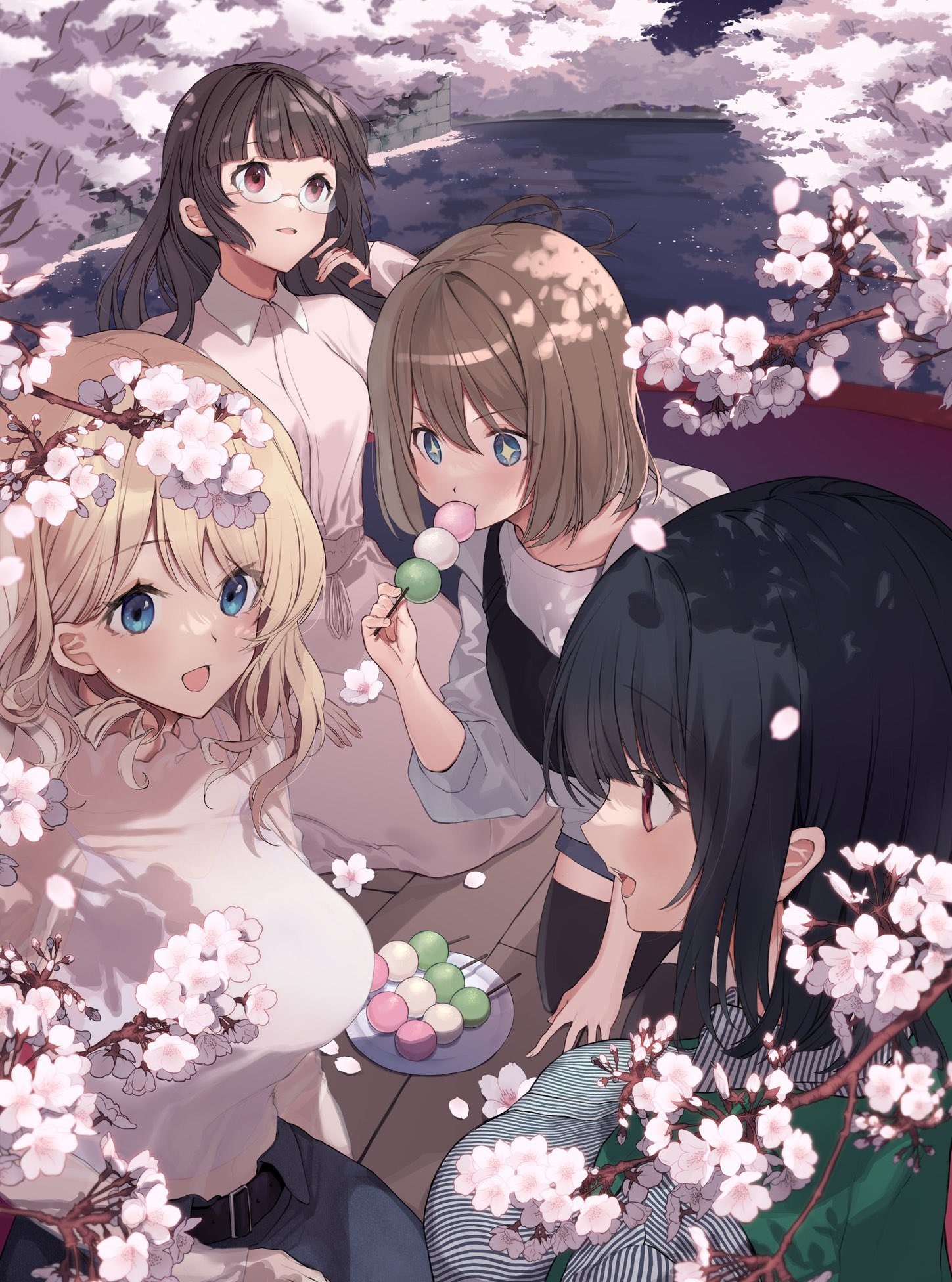 Kantai Collection girls enjoying dango under cherry blossoms HD Phone Wallpaper