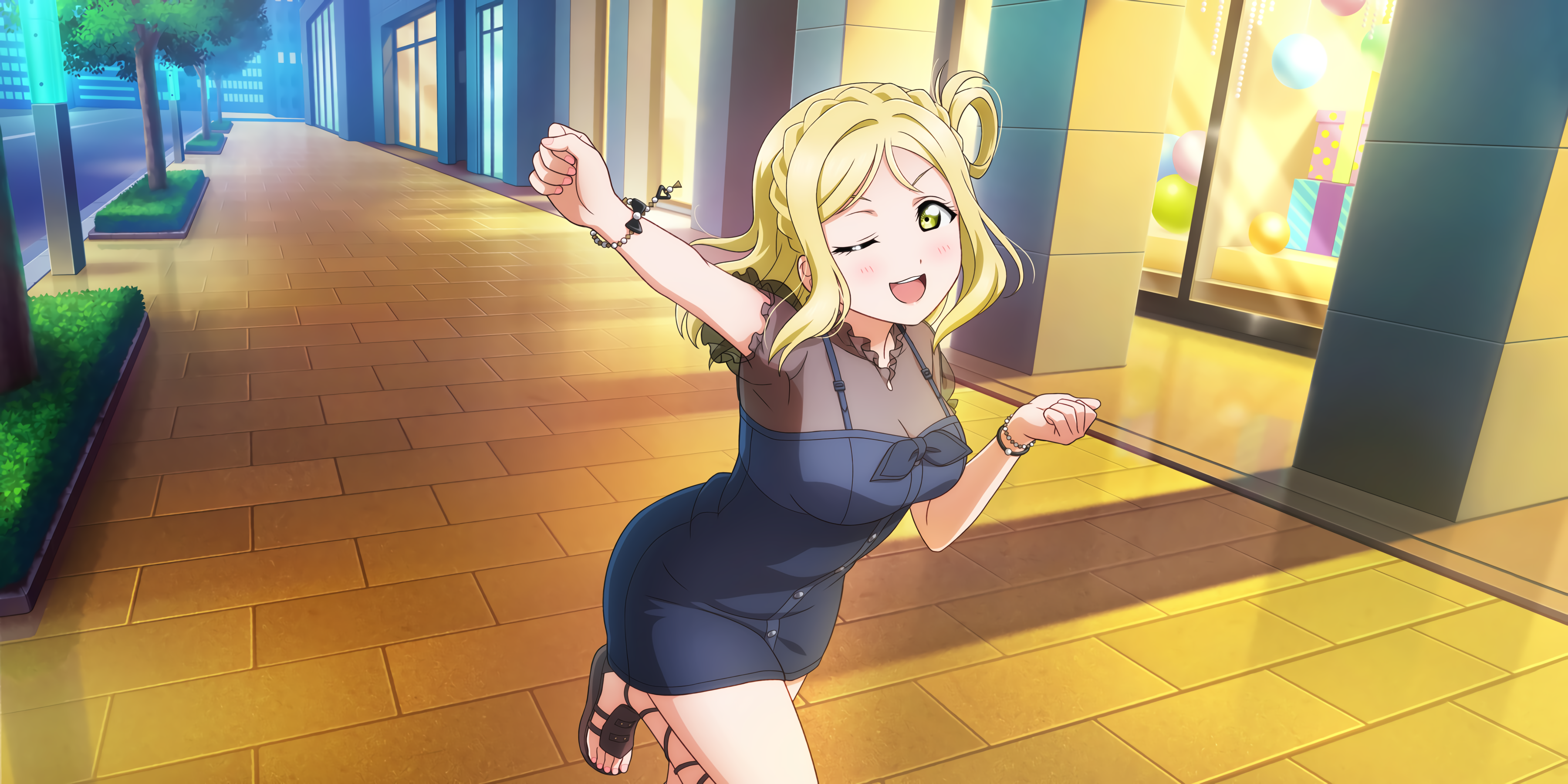 Ohara Mari in a Blue Dress on a City Street HD Wallpaper