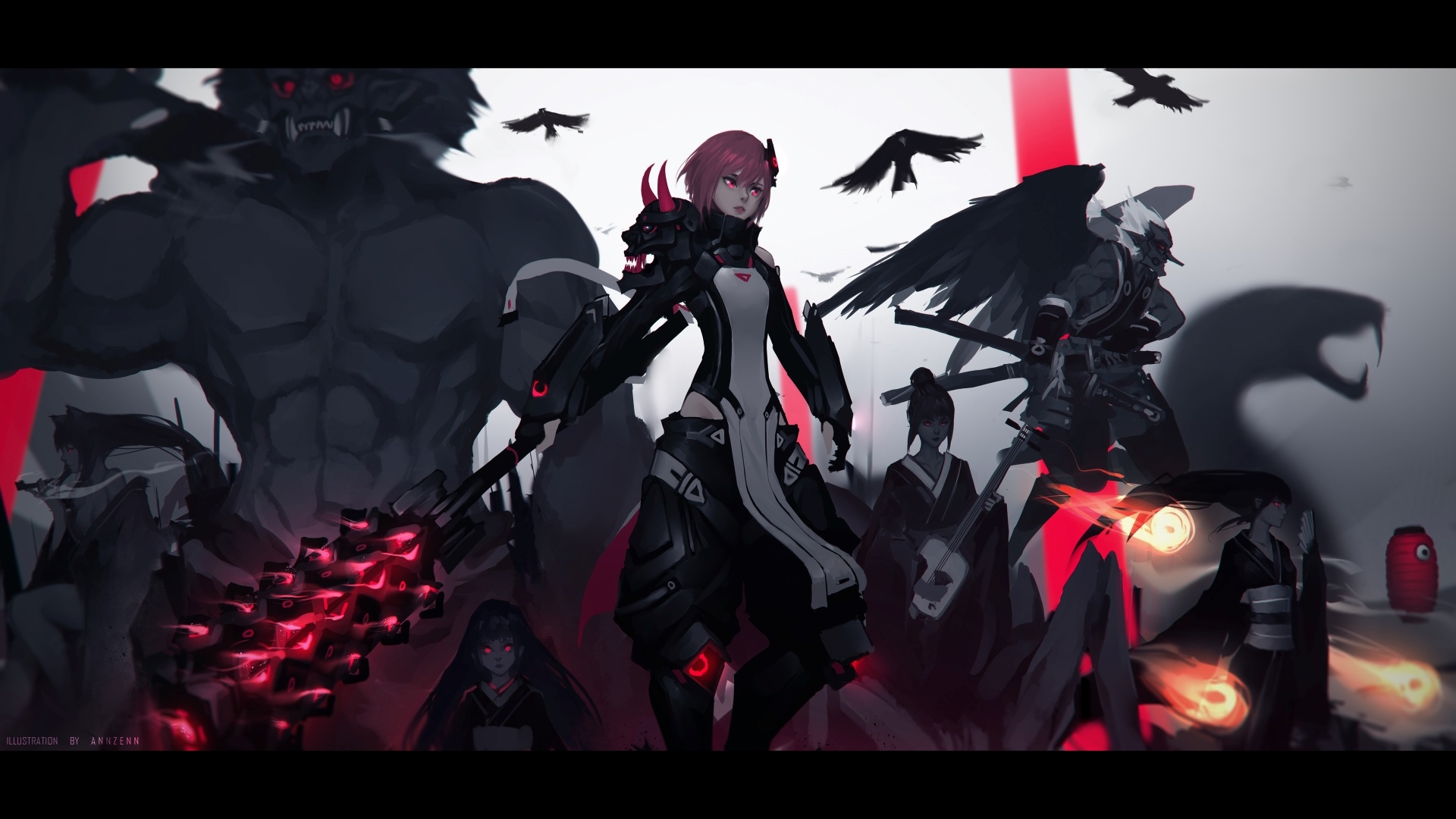 ANNZENN characters with red eyes and red hair HD Wallpaper