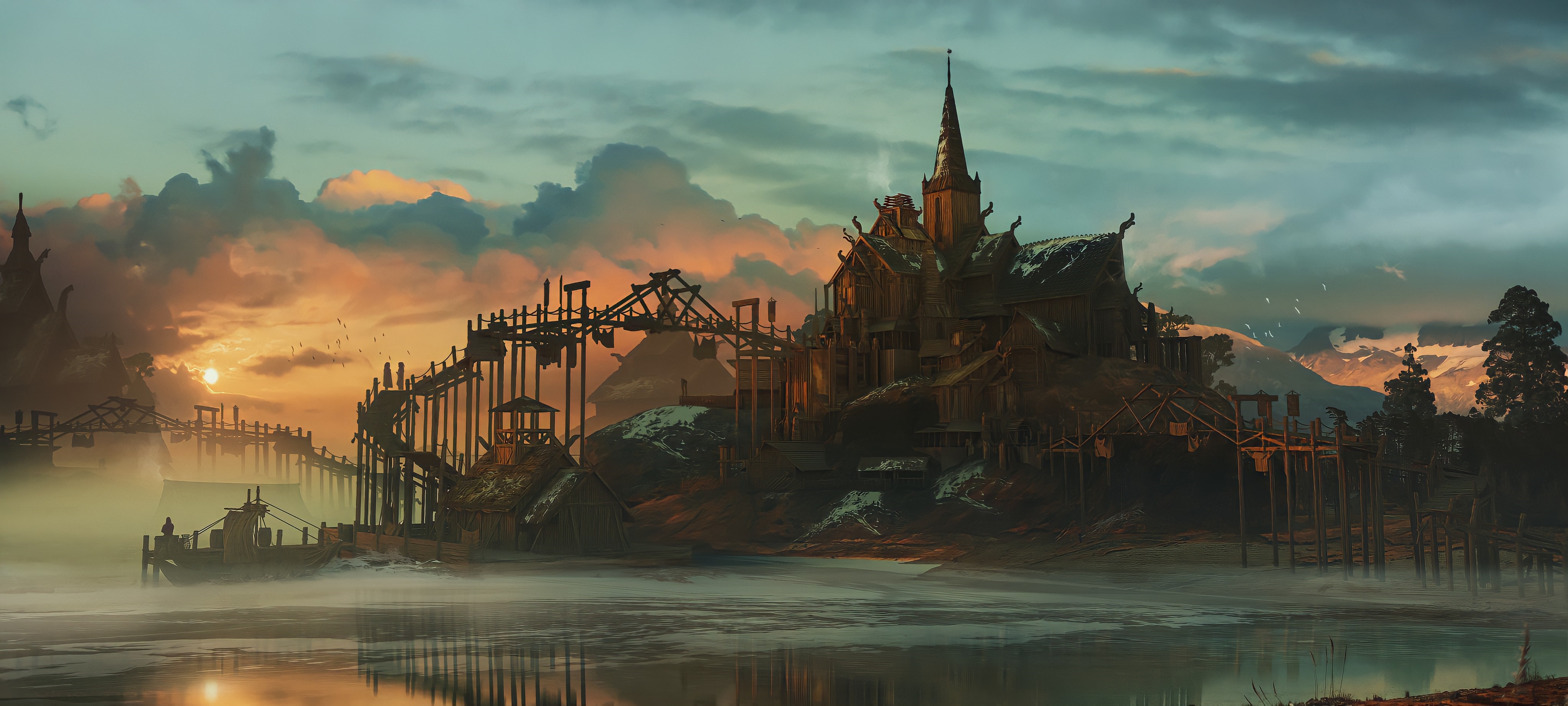 4K wooden bridge at sunset near castle HD Wallpaper