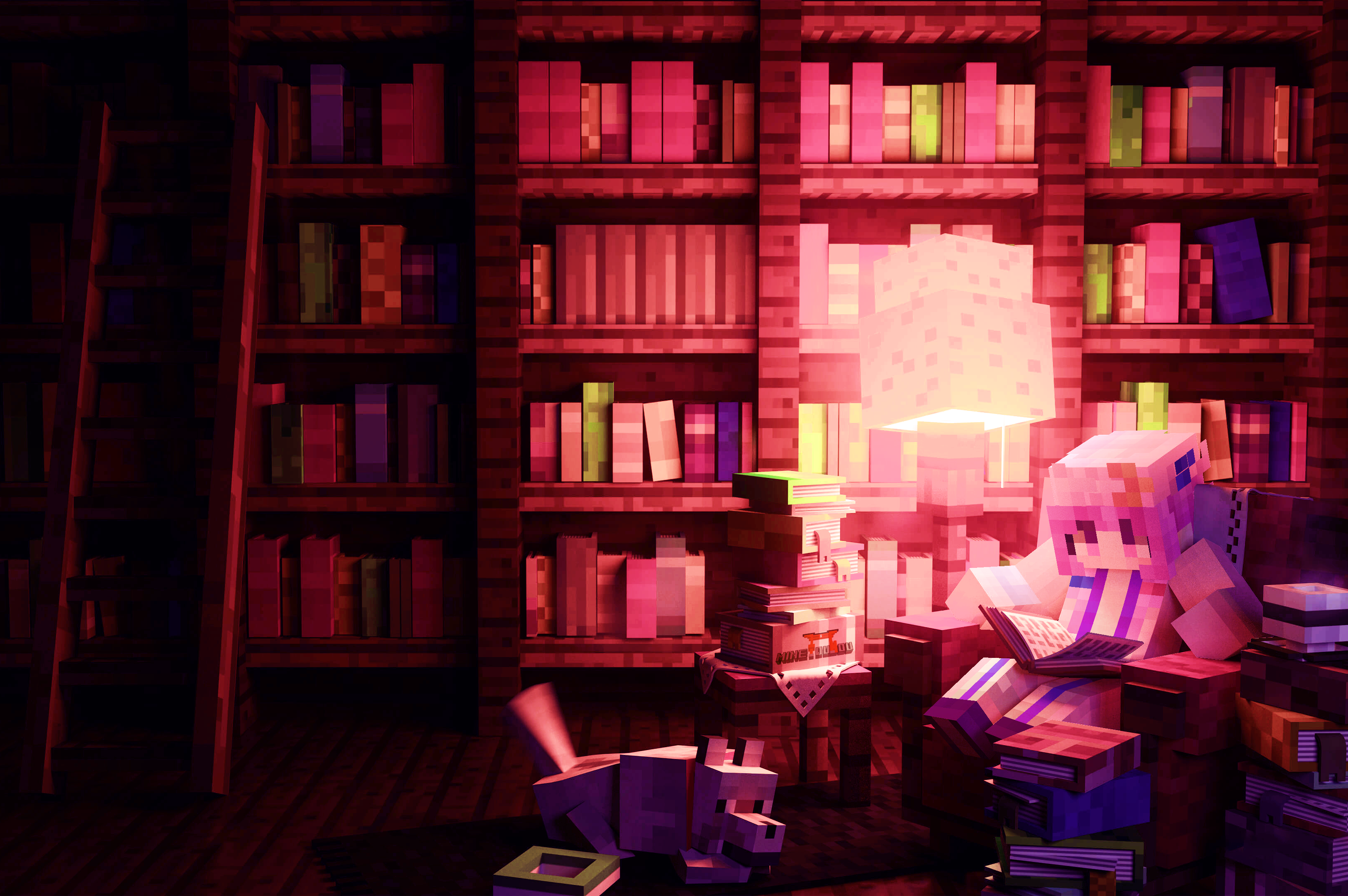 Minecraft library with a girl reading and a dog HD Wallpaper