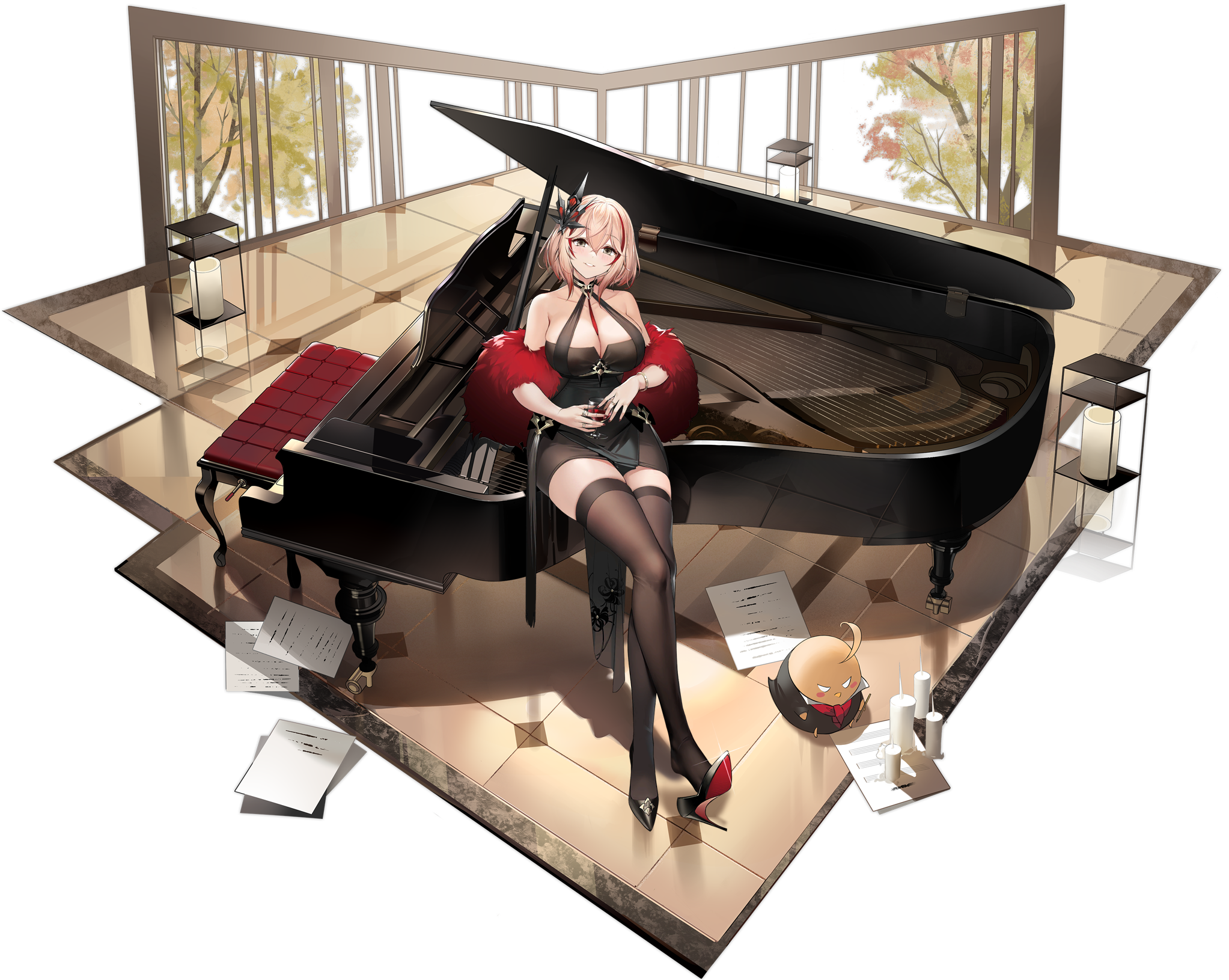 Roon and Manjuu by a grand piano in Azur Lane HD Wallpaper
