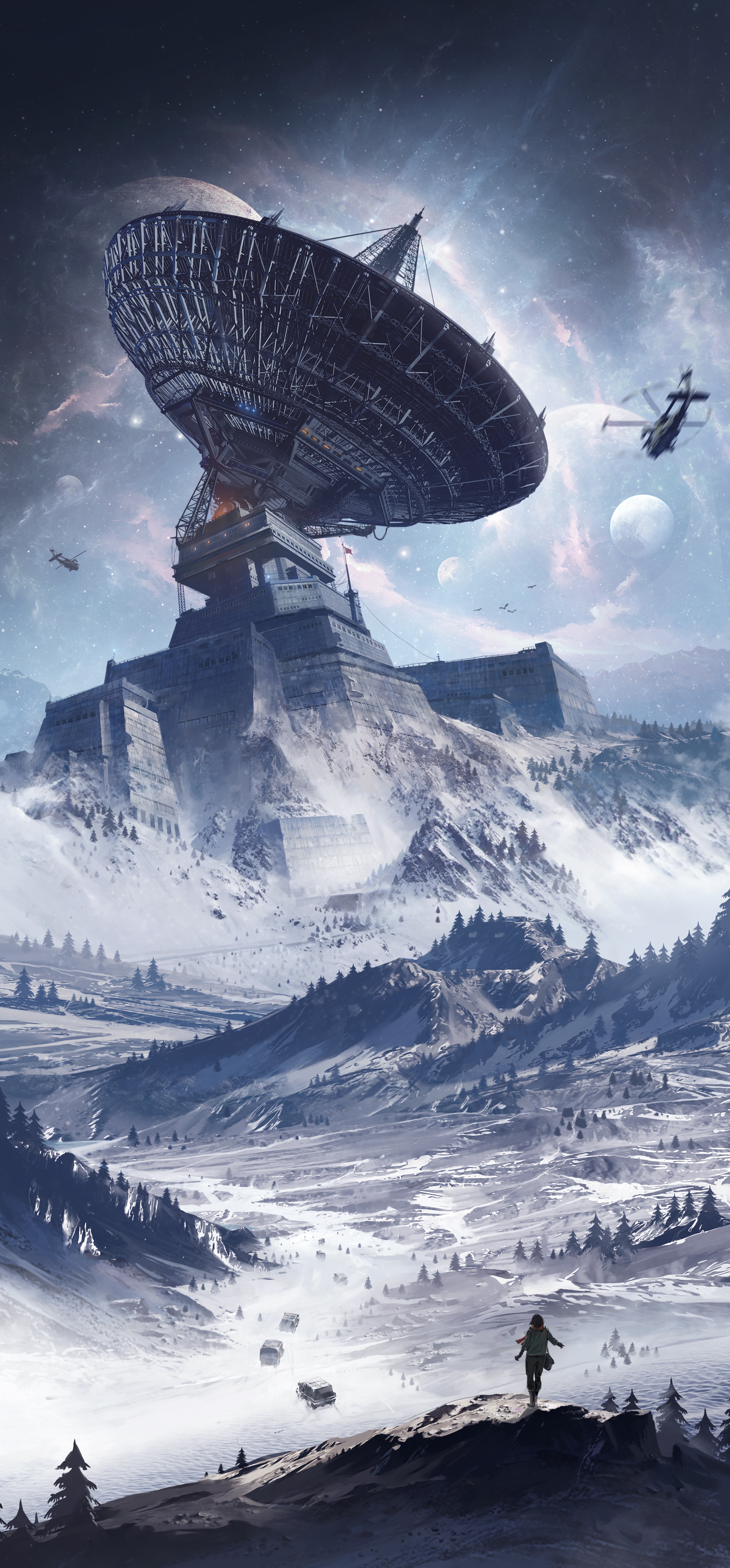 Sci-fi military base with satellite dish in a snowy landscape HD Phone Wallpaper