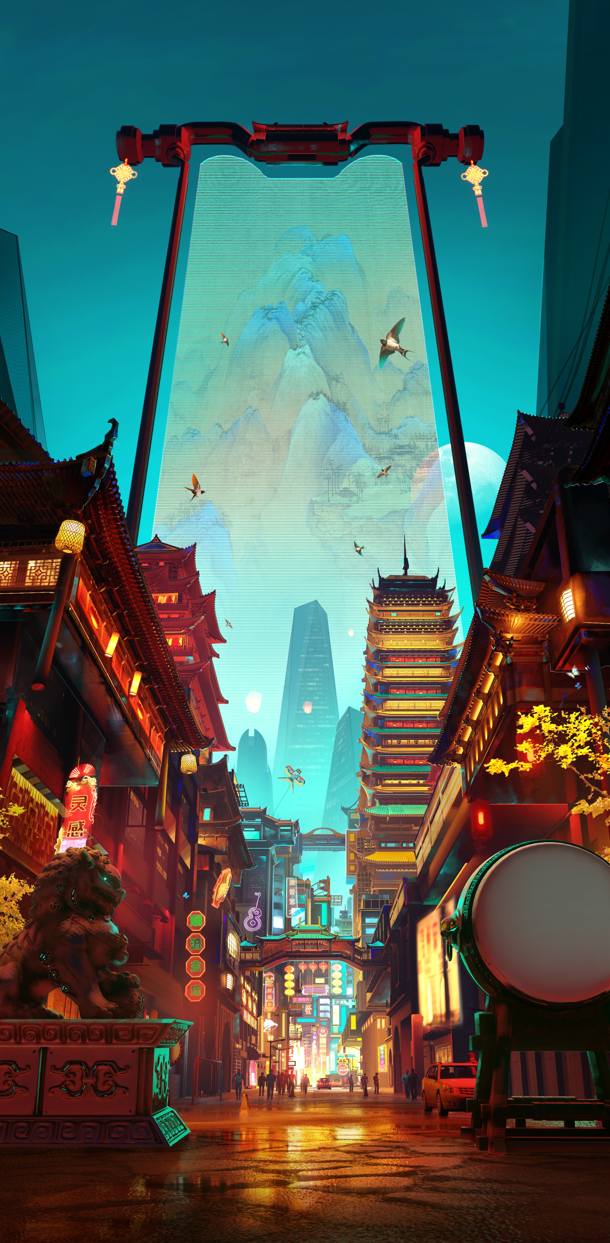Cyberpunk Chinese Architecture with Mountains and Rivers HD Phone Wallpaper