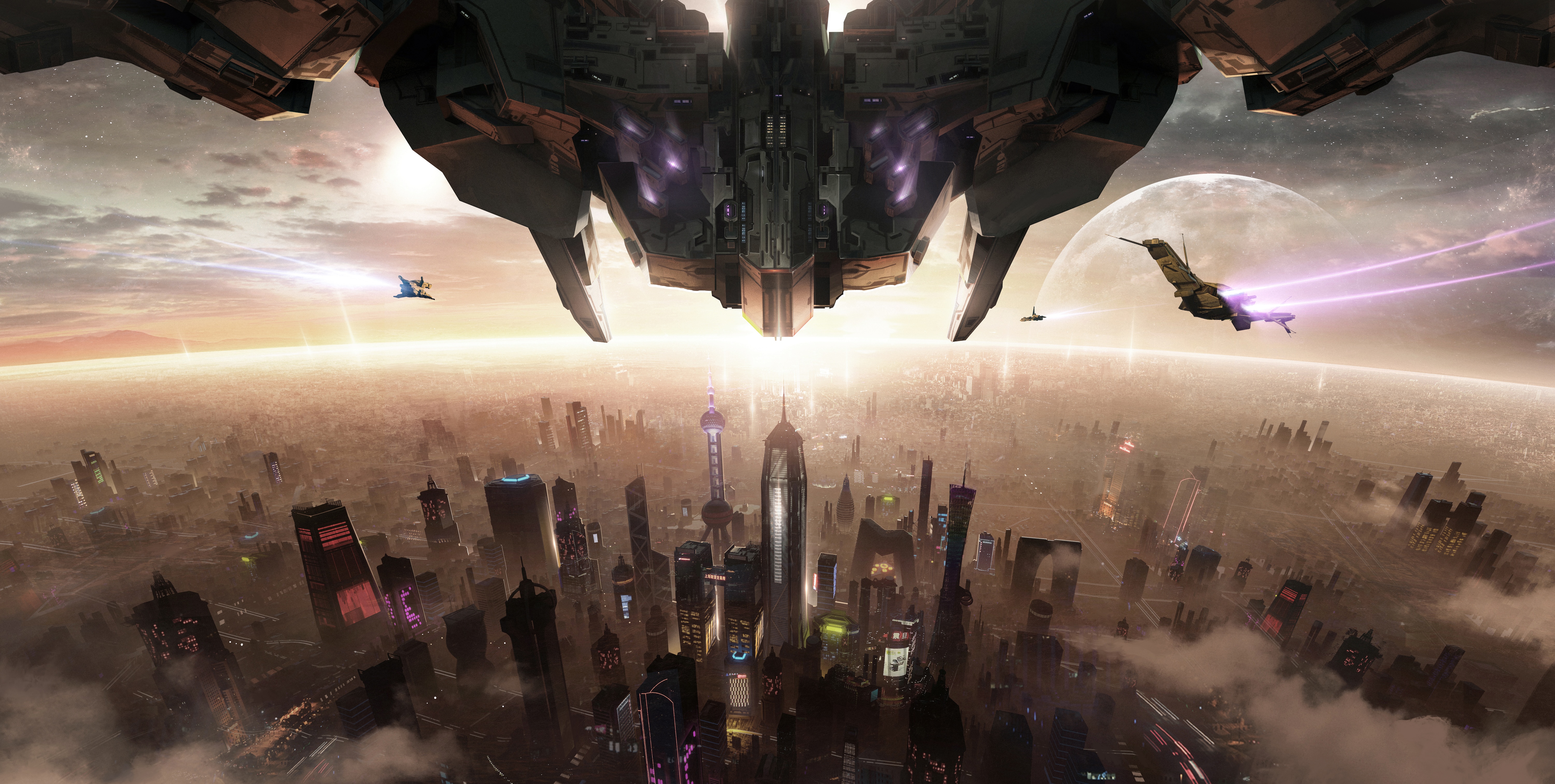 4K Cyberpunk Cityscape with Spaceships and Moon HD Wallpaper