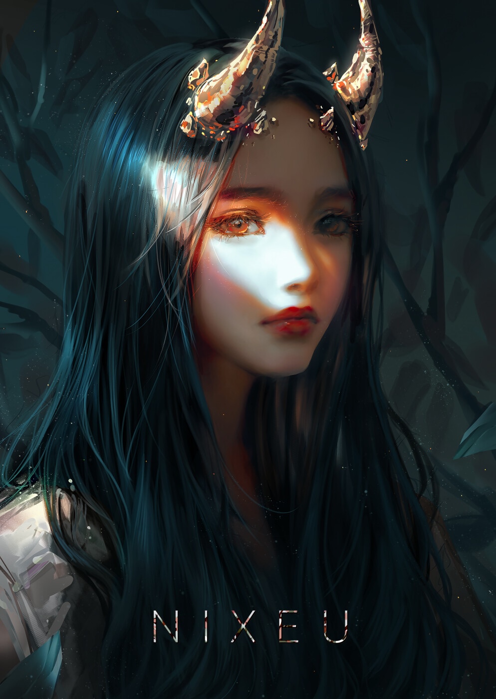 Nixeu with Golden Horns and Dark Hair HD Phone Wallpaper
