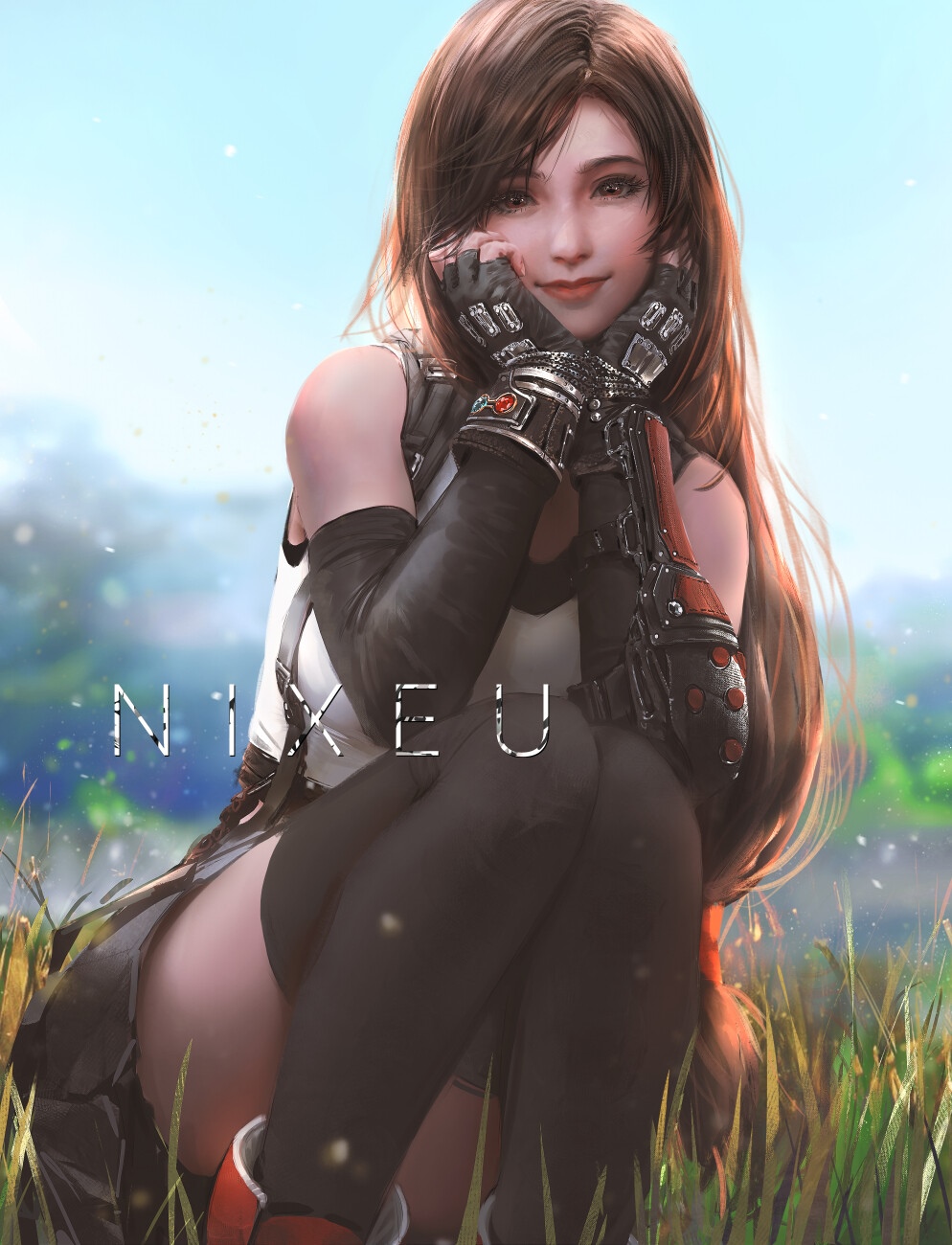 Tifa Lockhart from Final Fantasy sitting in grass HD Phone Wallpaper