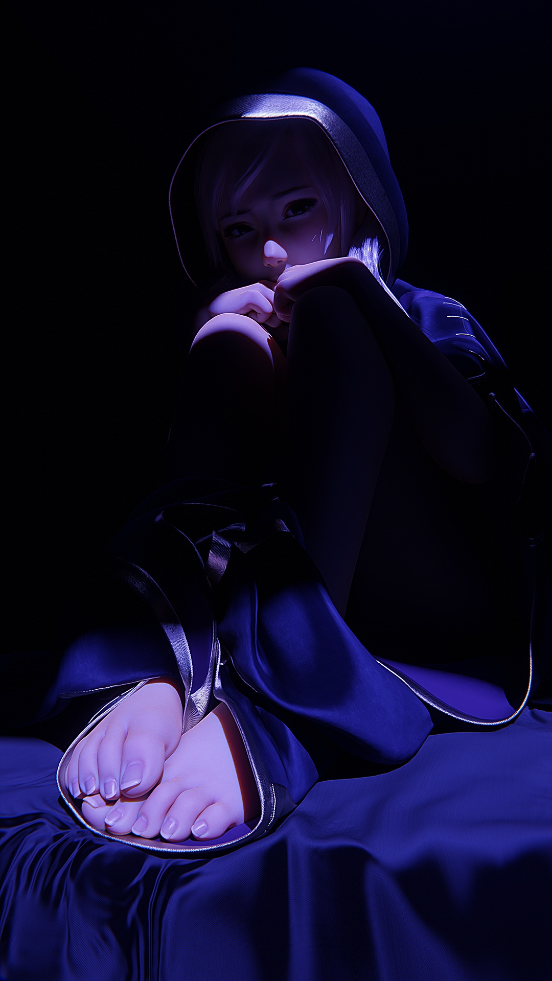 Woman in dark hooded robe with feet visible HD Phone Wallpaper