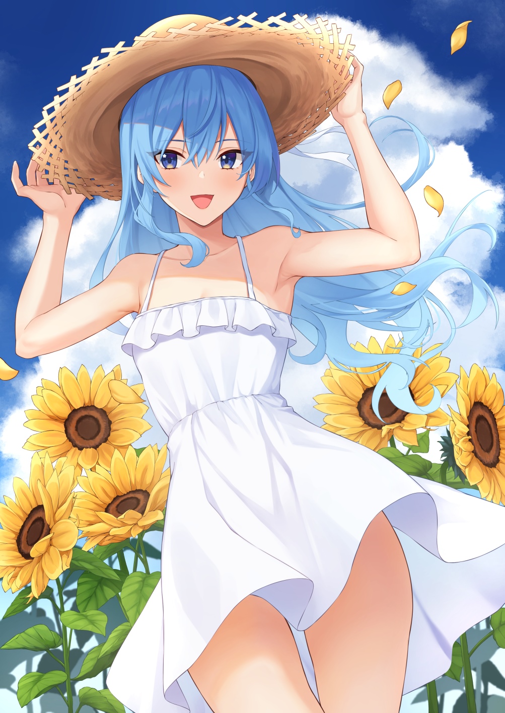 Girl with blue hair and sunflowers HD Phone Wallpaper