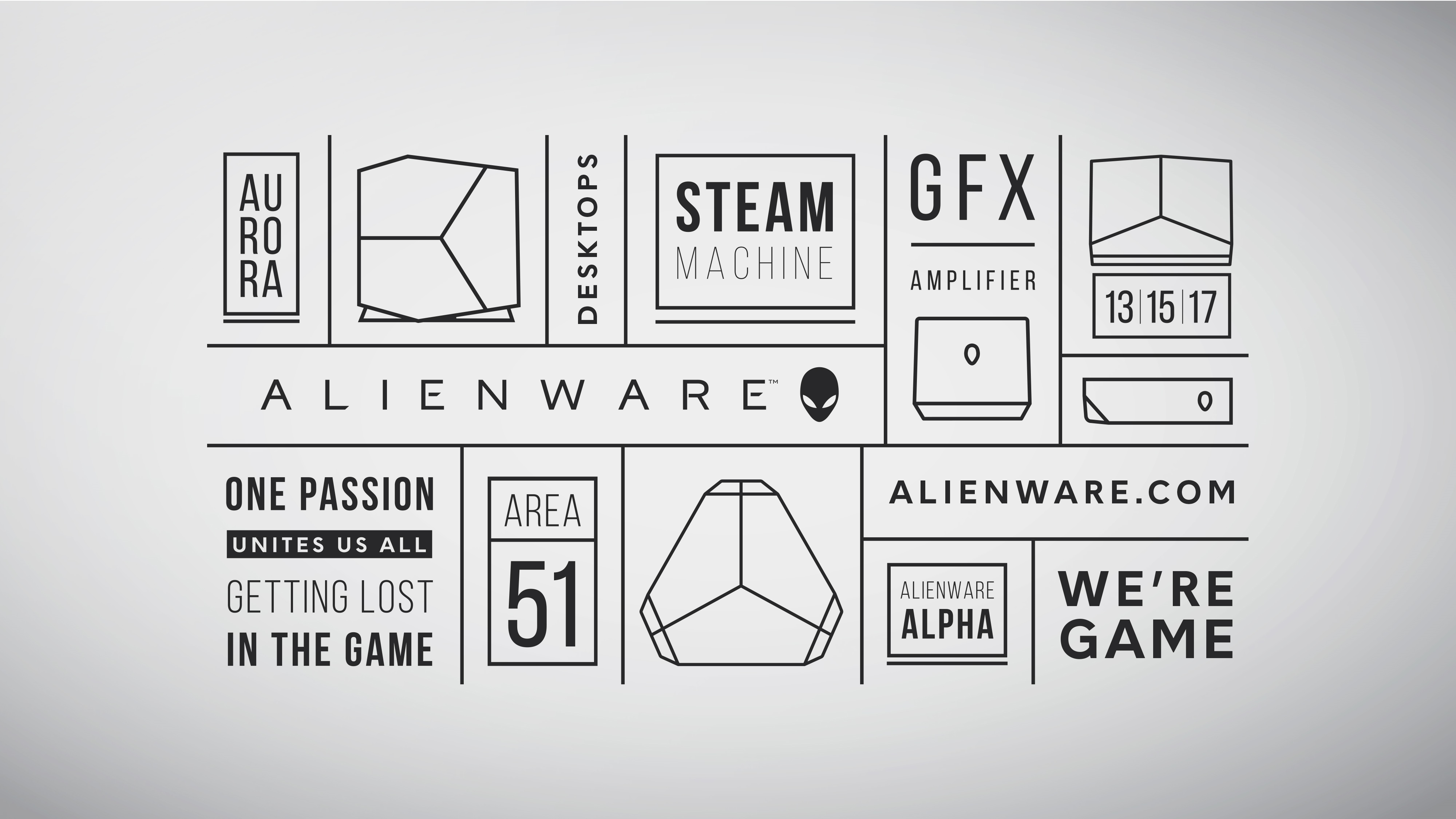 Alienware brand graphic with product names HD Wallpaper
