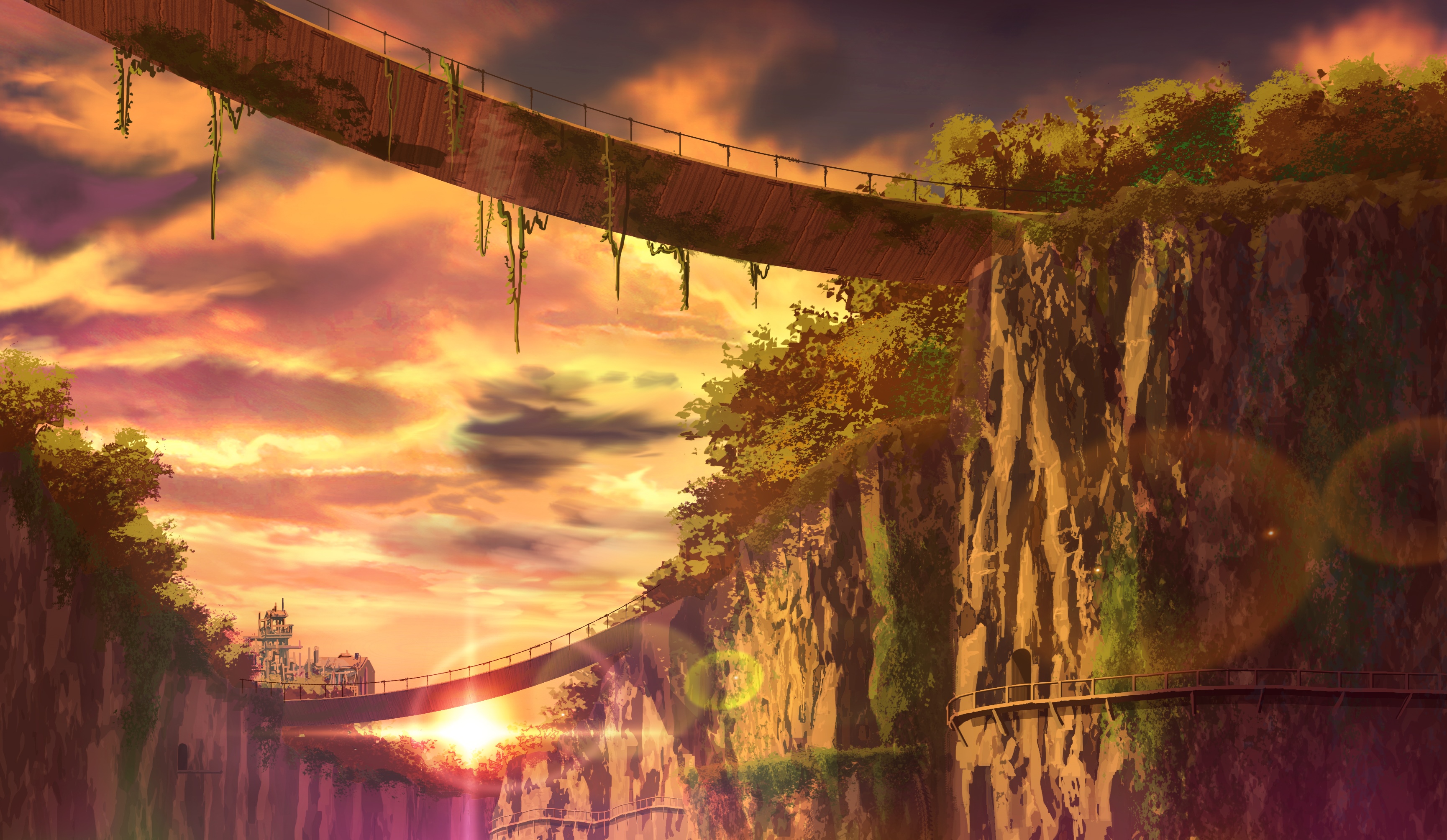Bridges over cliffs at sunset HD Wallpaper