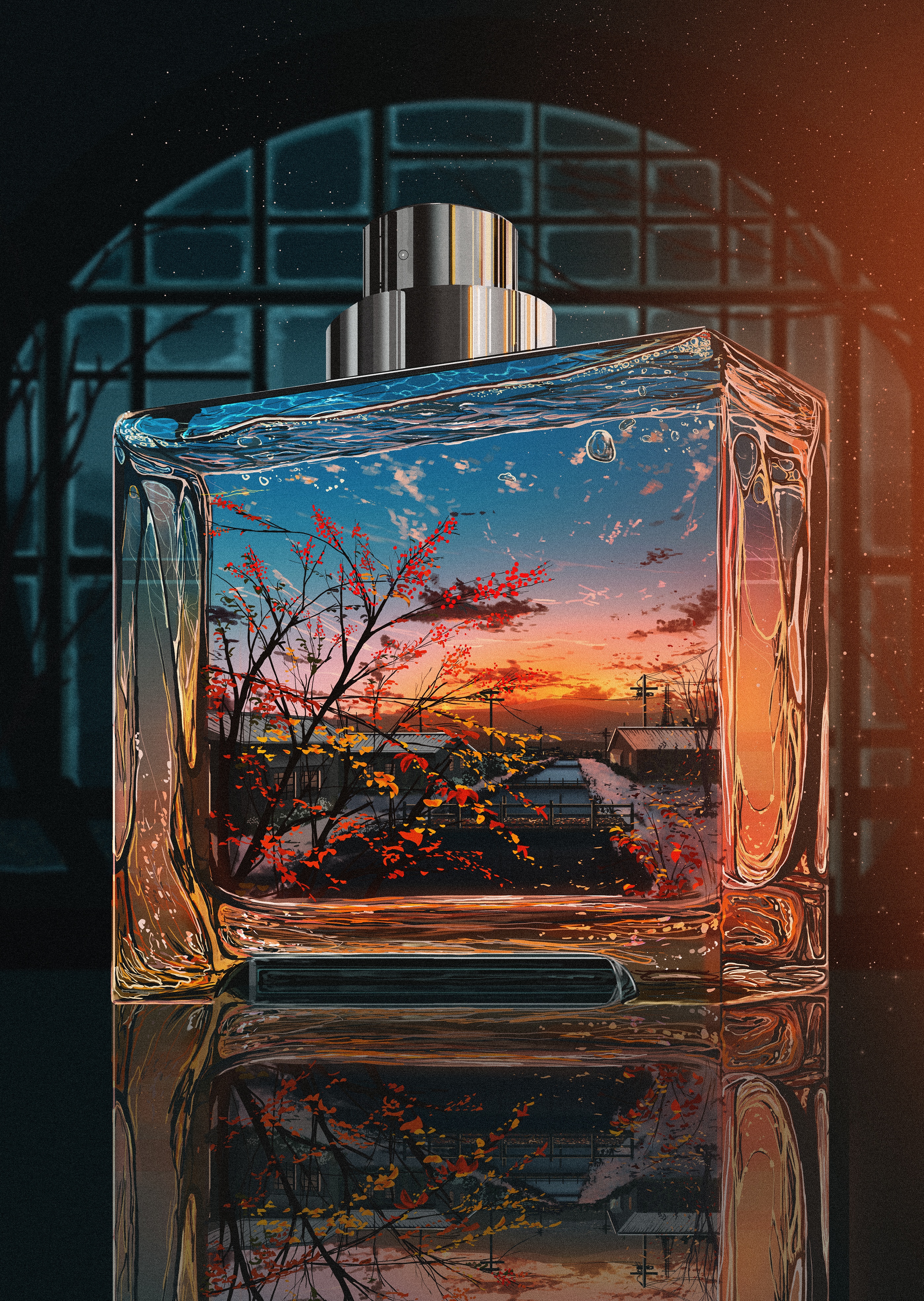 Perfume bottle with sunset landscape inside HD Phone Wallpaper
