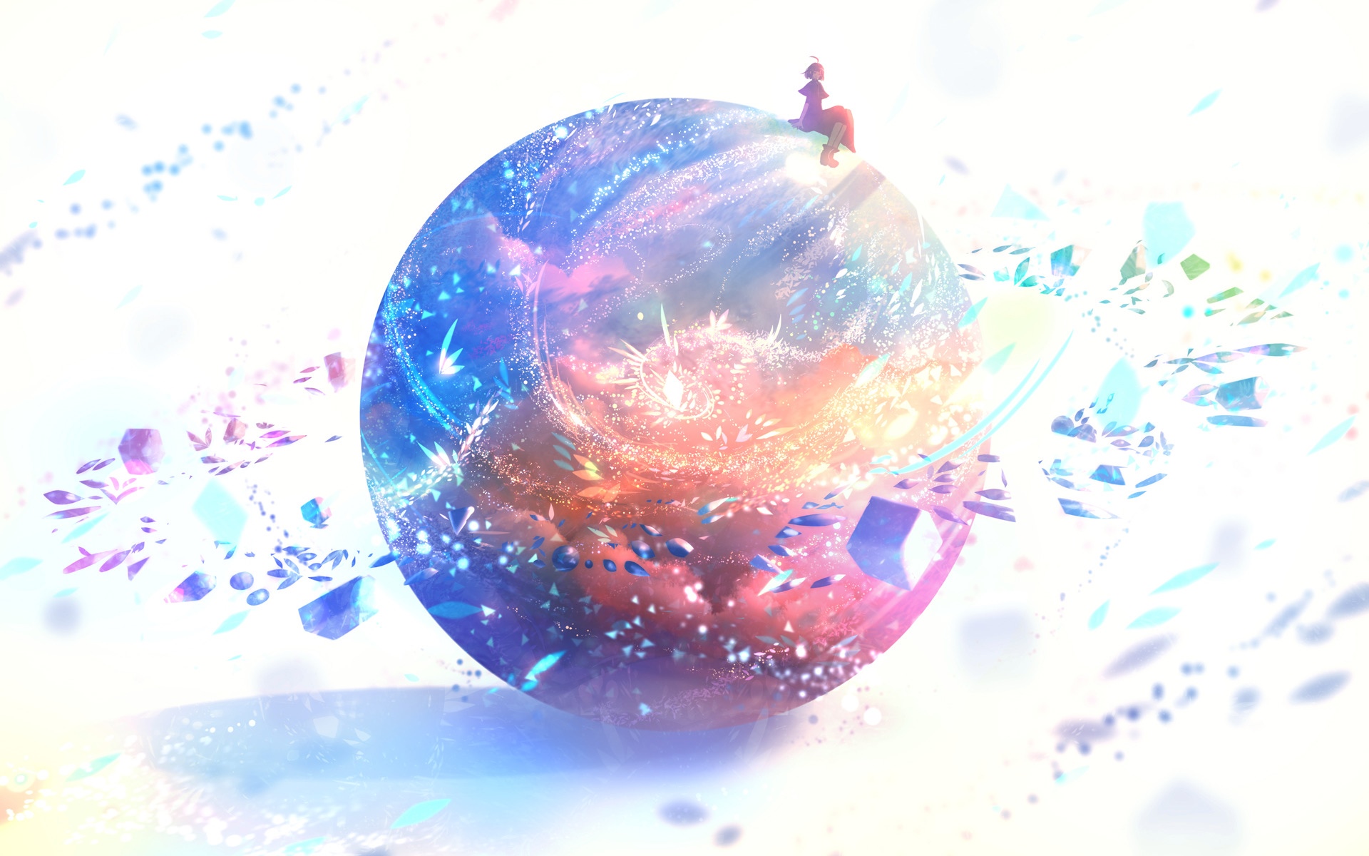 Anime girl sitting on a glowing planet HD Wallpaper