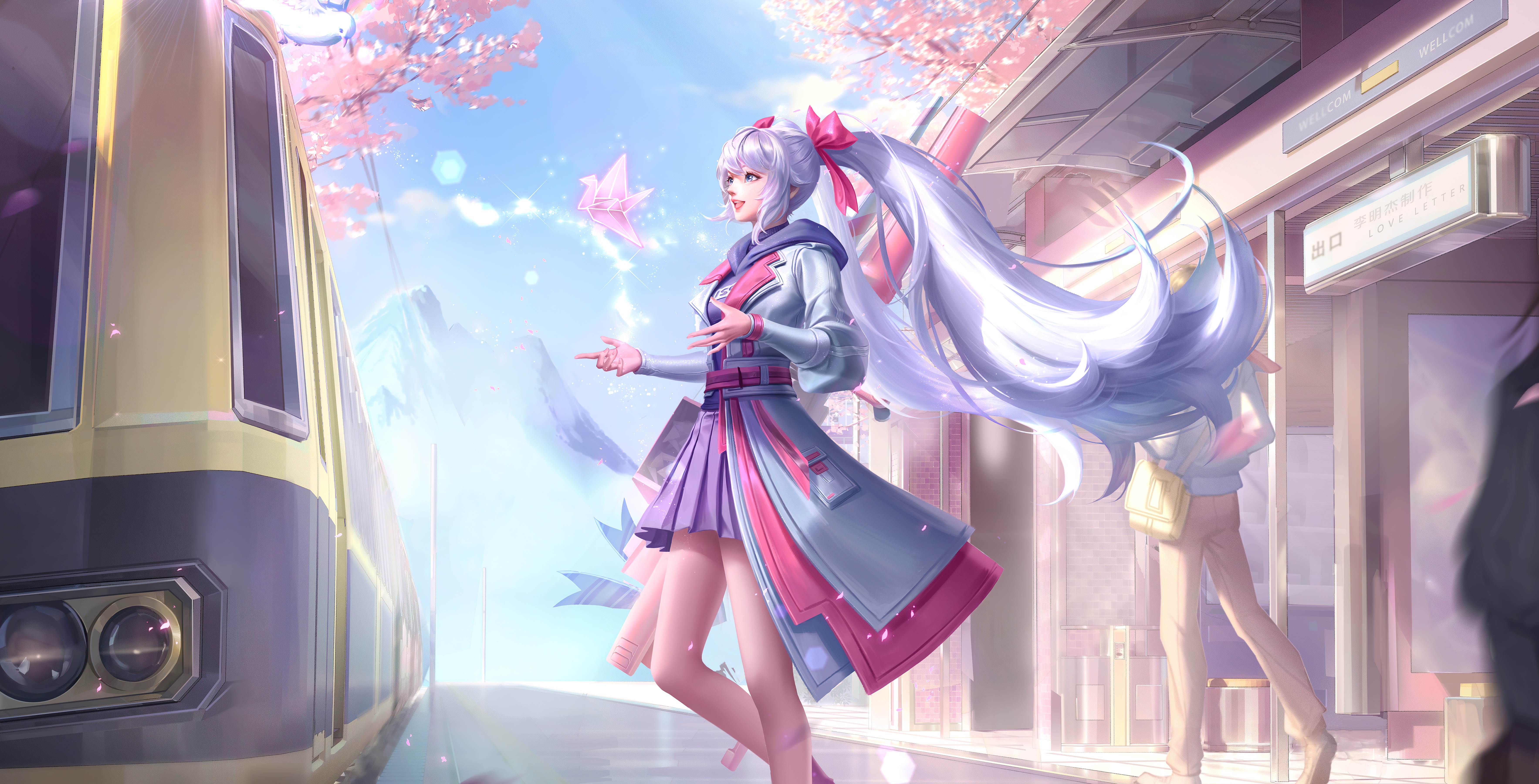 Girl with twintails at a train station with cherry blossoms HD Wallpaper