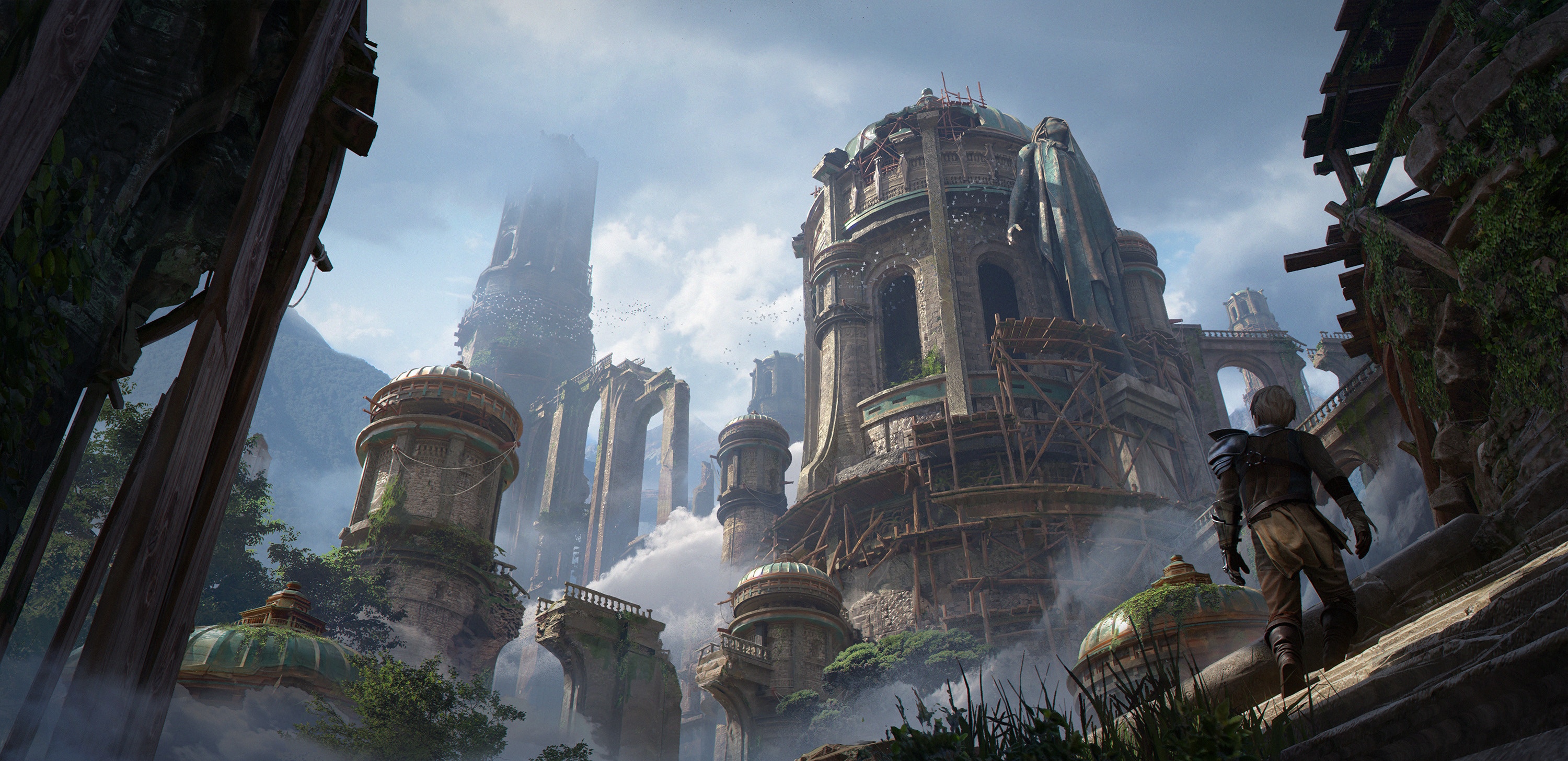 Fantasy city with scaffolding and ancient ruins HD Wallpaper