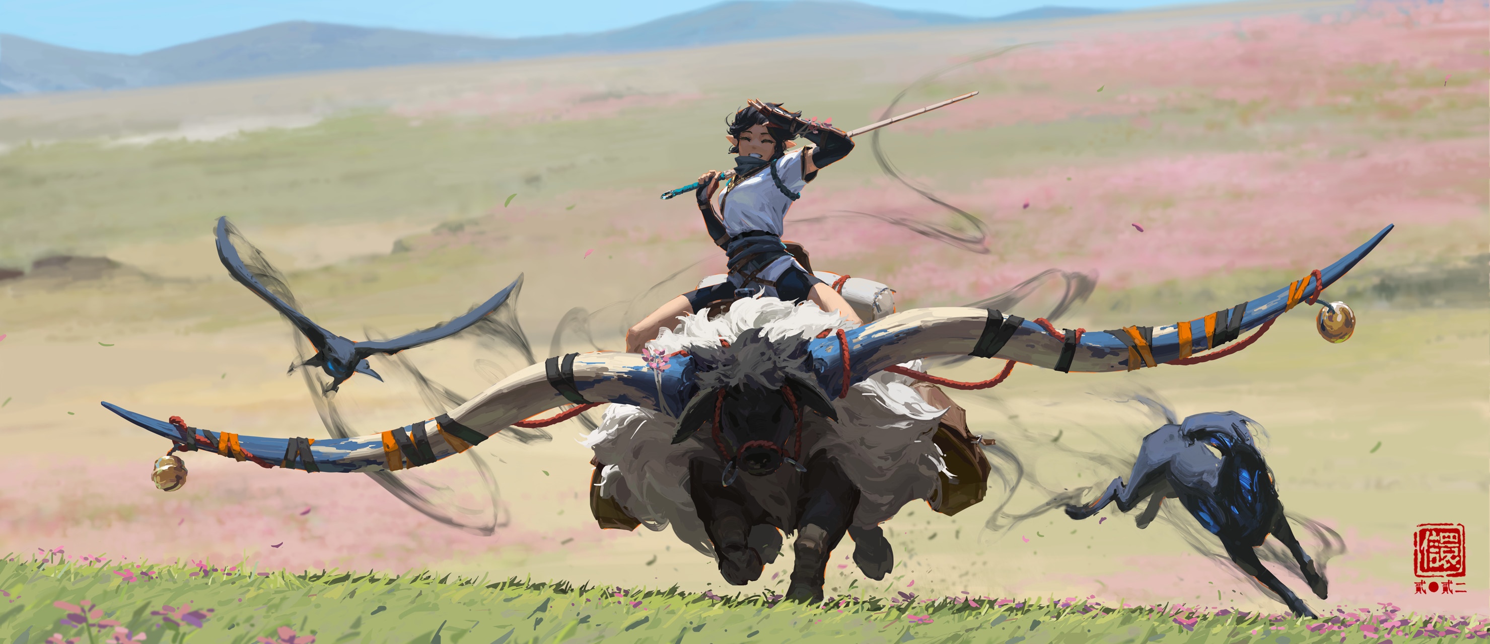 Fantasy girl riding a horned creature with birds and dogs HD Wallpaper