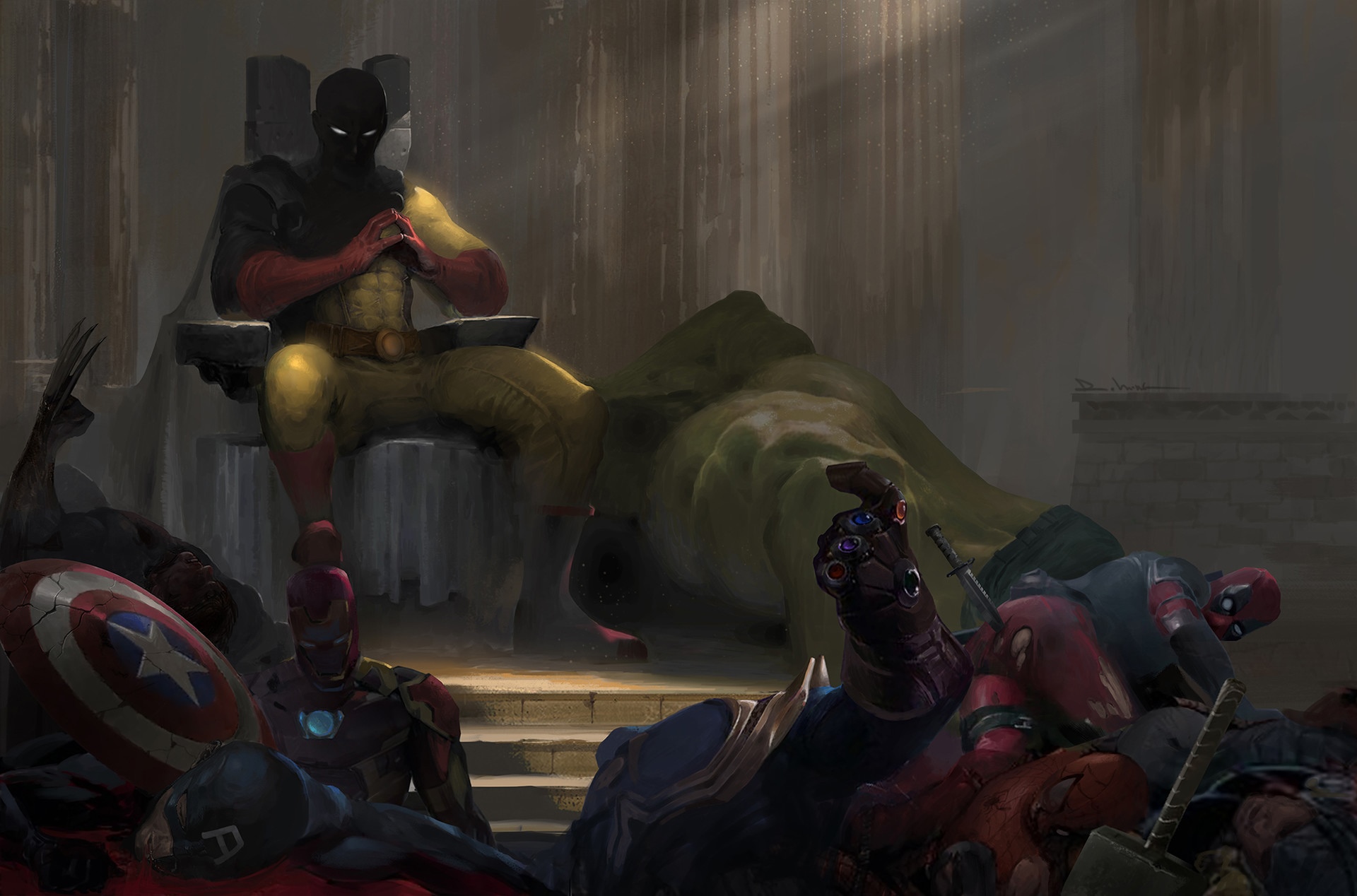 Saitama sits on a throne over defeated Marvel heroes HD Wallpaper