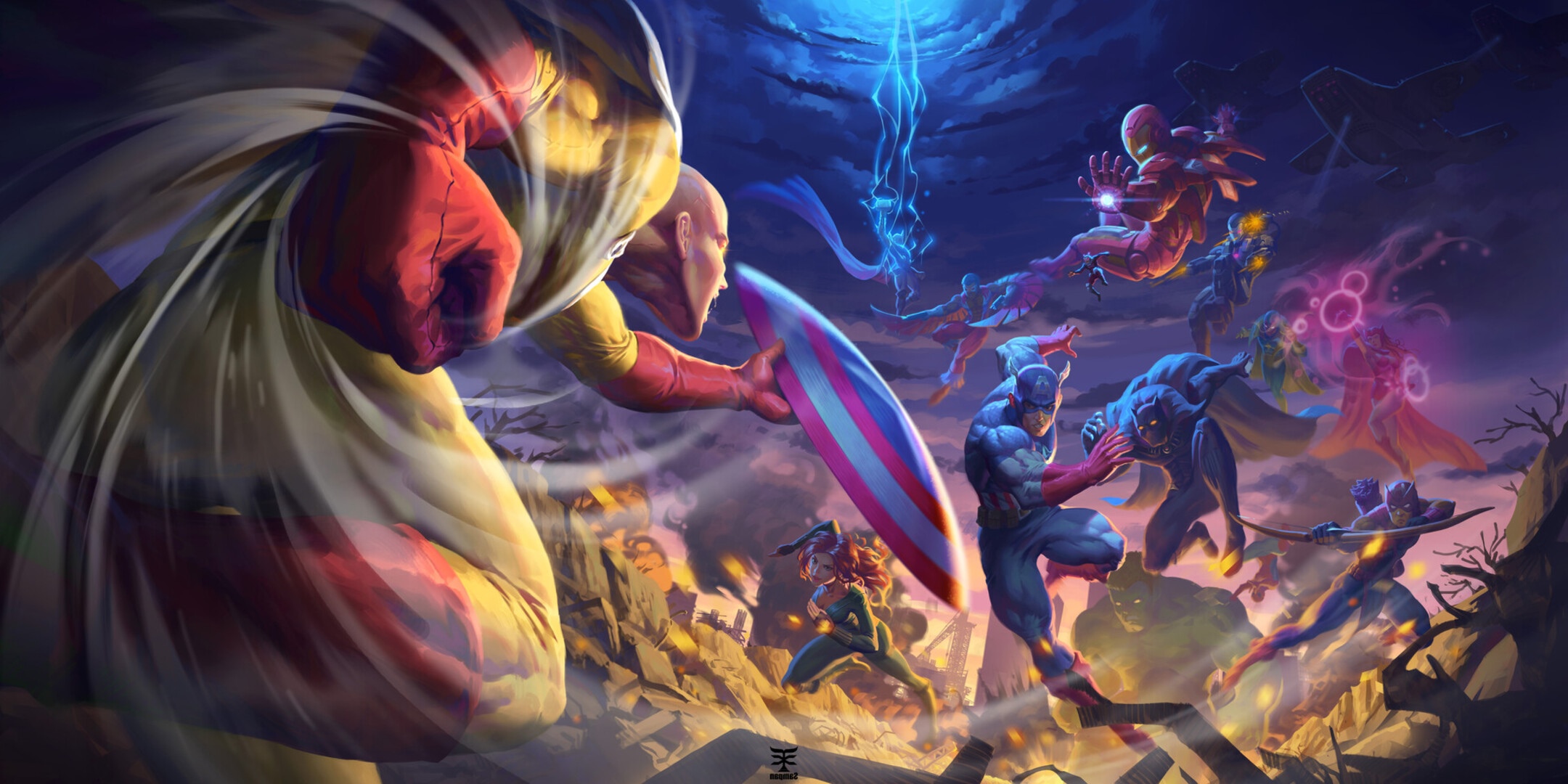 Saitama vs. Avengers Crossover Battle HD Wallpaper