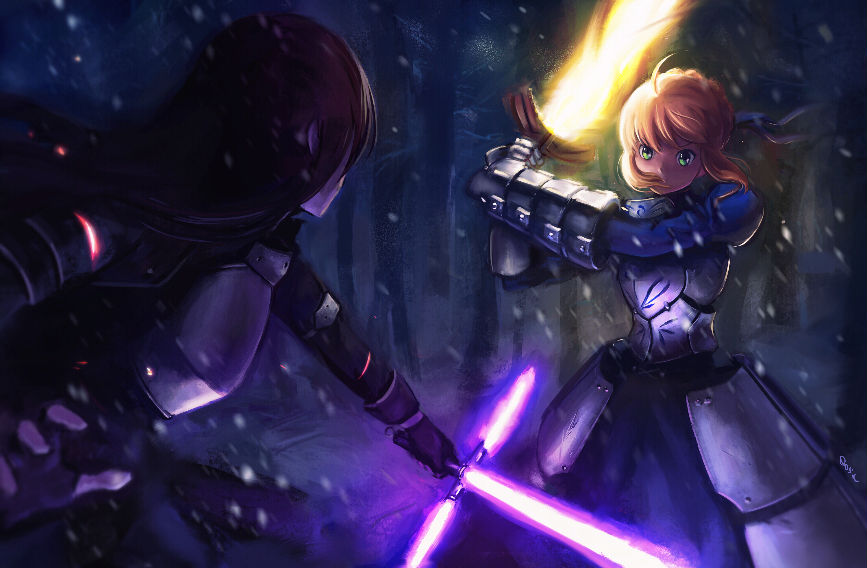 Saber and Kirigaya Kazuto fighting with swords HD Wallpaper