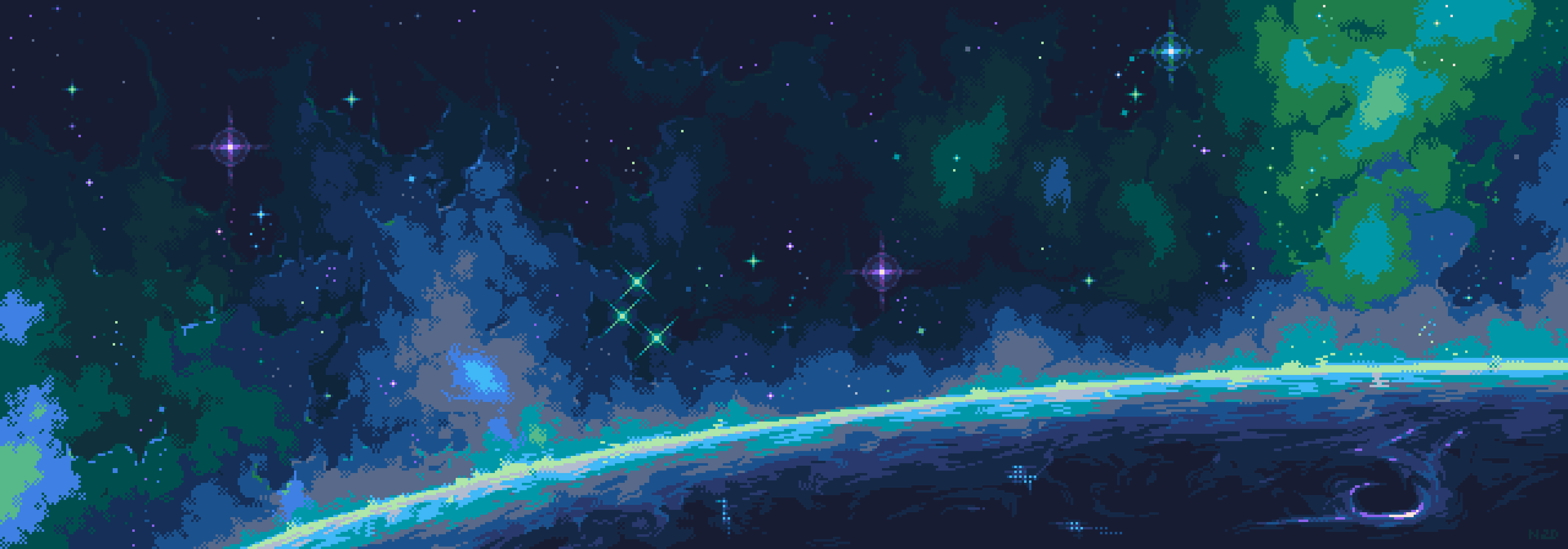 4K Space Pixel Art with Stars and Planet HD Wallpaper