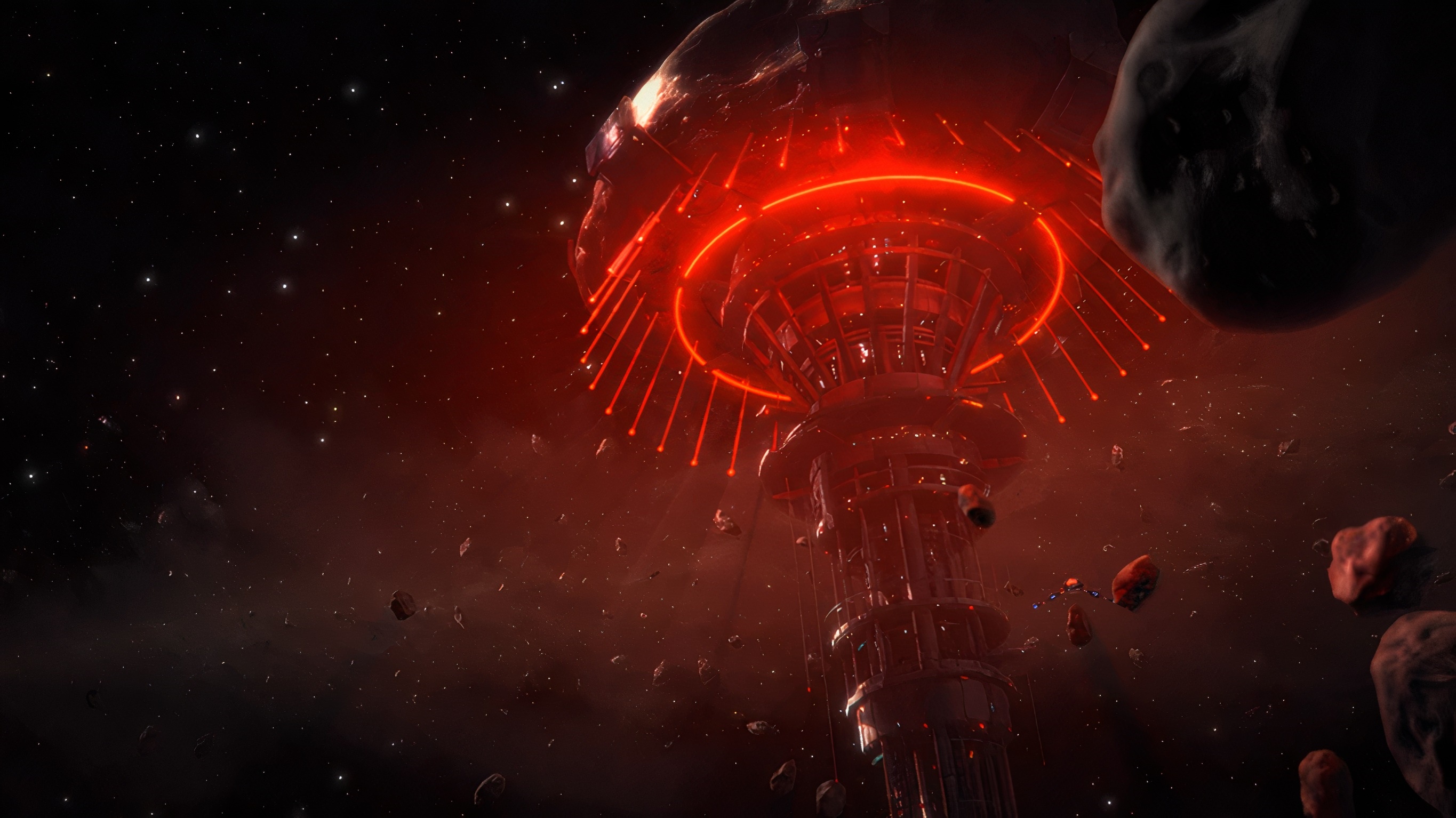 Mass Effect 2 space station with red lights and asteroids HD Wallpaper