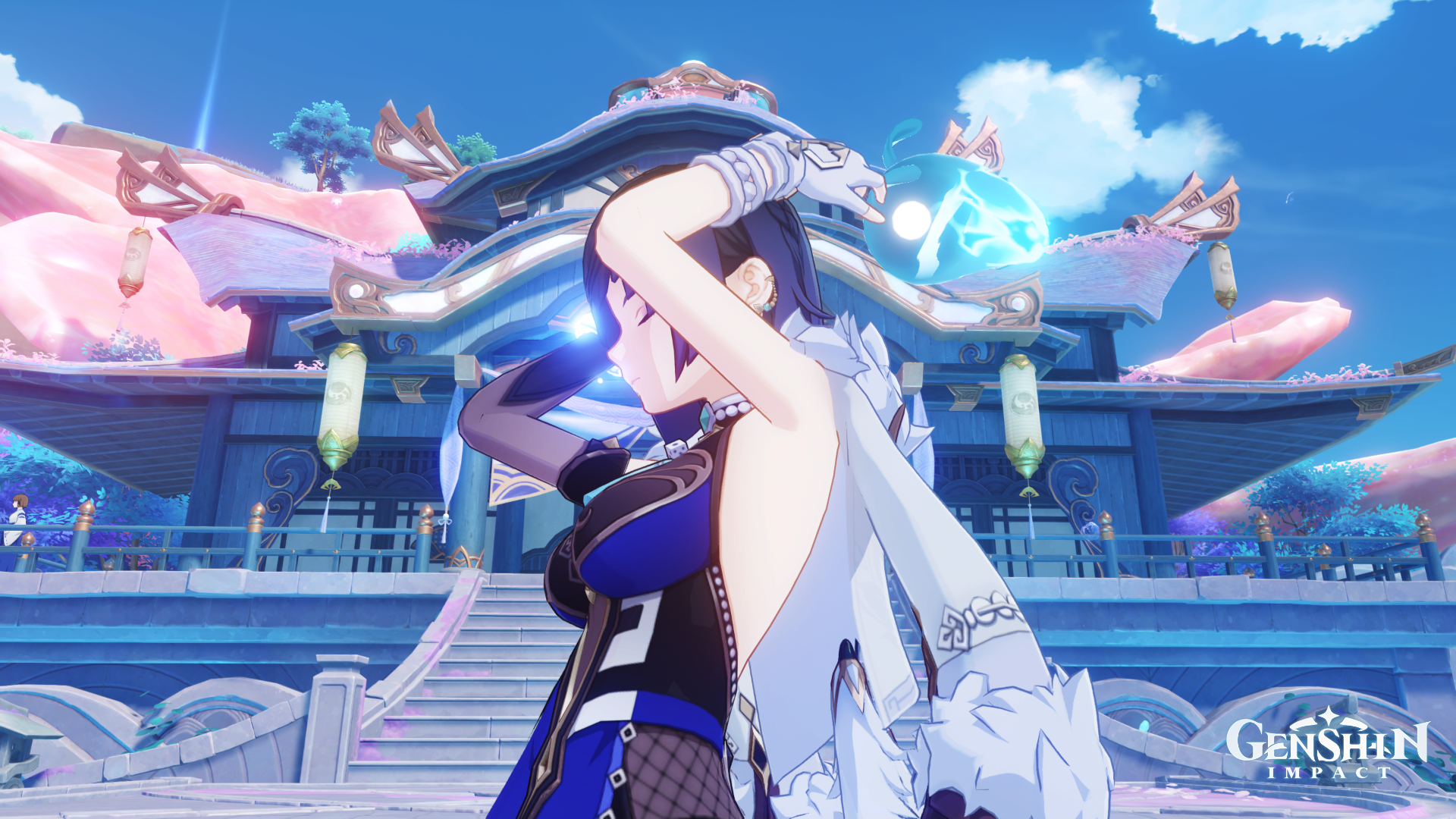 Yelan from Genshin Impact in front of a building HD Wallpaper