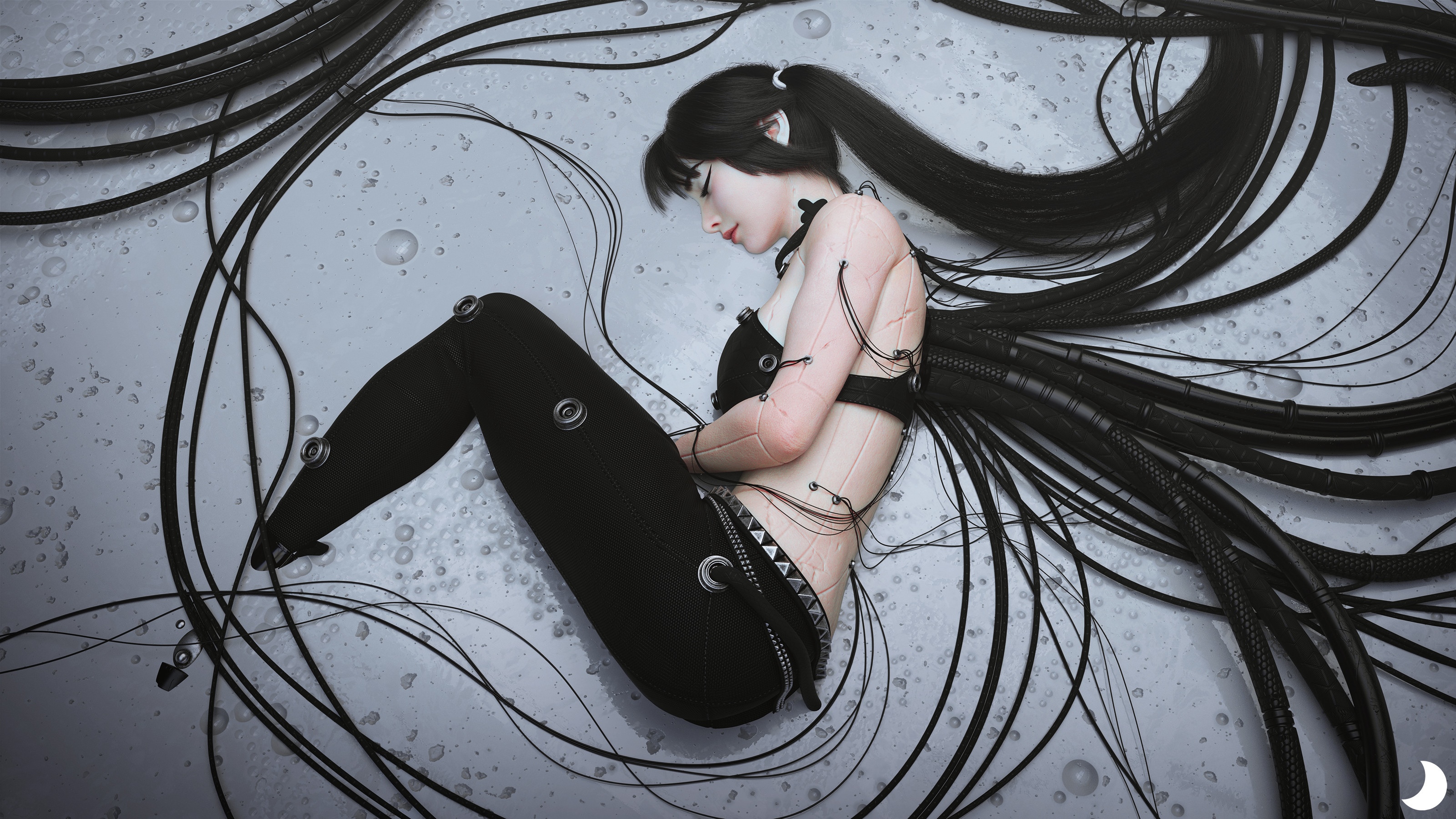 Woman with black hair connected to wires HD Wallpaper