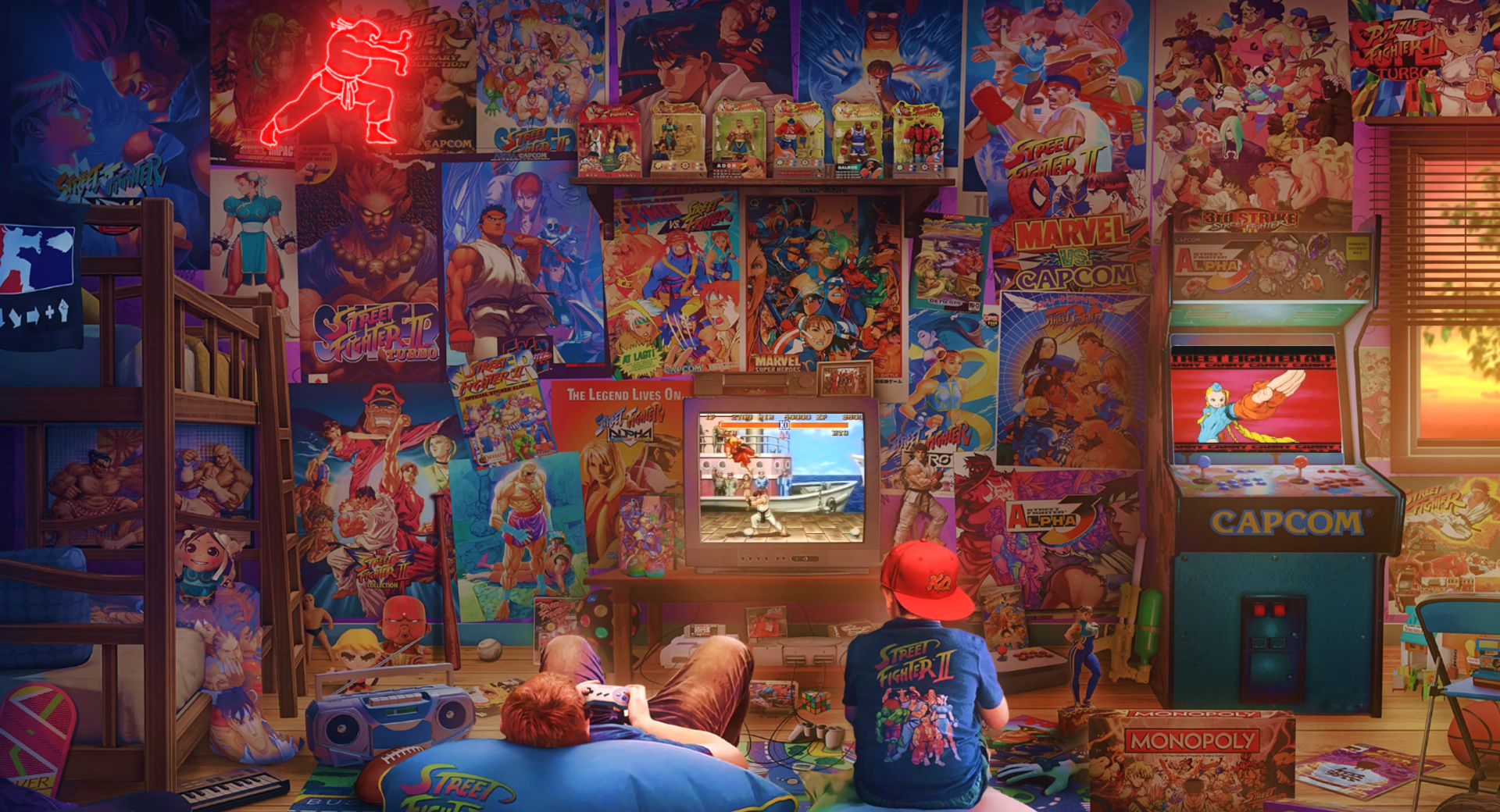 Street Fighter and Marvel Game Room with Two Boys Playing HD Wallpaper
