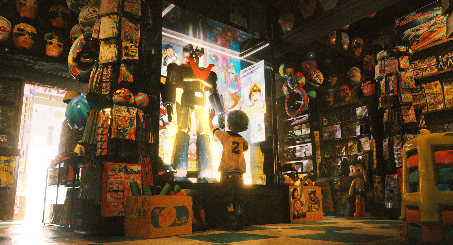 Child in a toy store looking at a giant robot HD Wallpaper